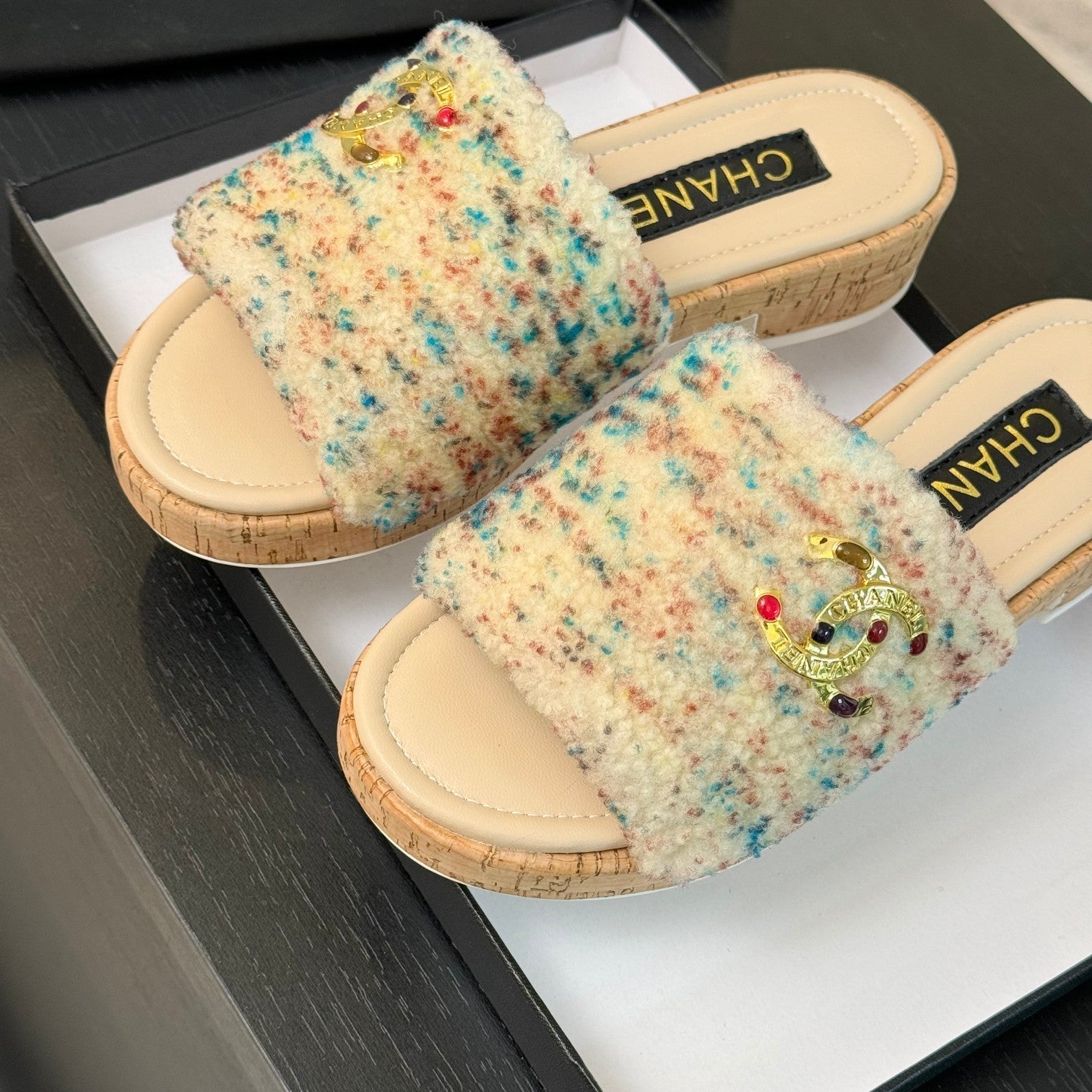 CC Slippers Beige Mix Blue Red Wool And Calfskin