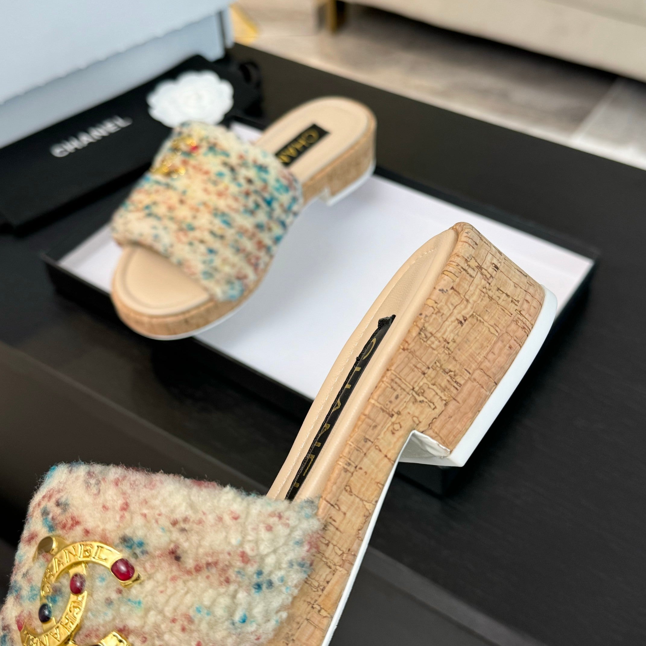 CC Slippers Beige Mix Blue Red Wool And Calfskin