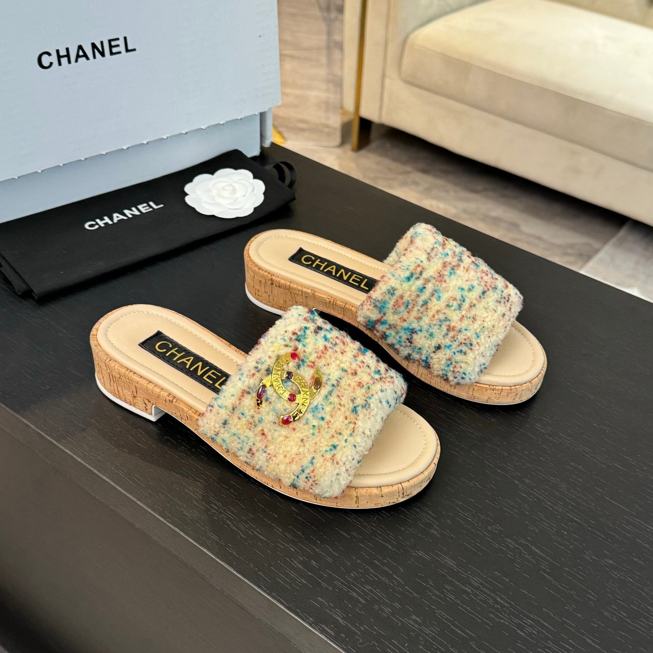 CC Slippers Beige Mix Blue Red Wool And Calfskin