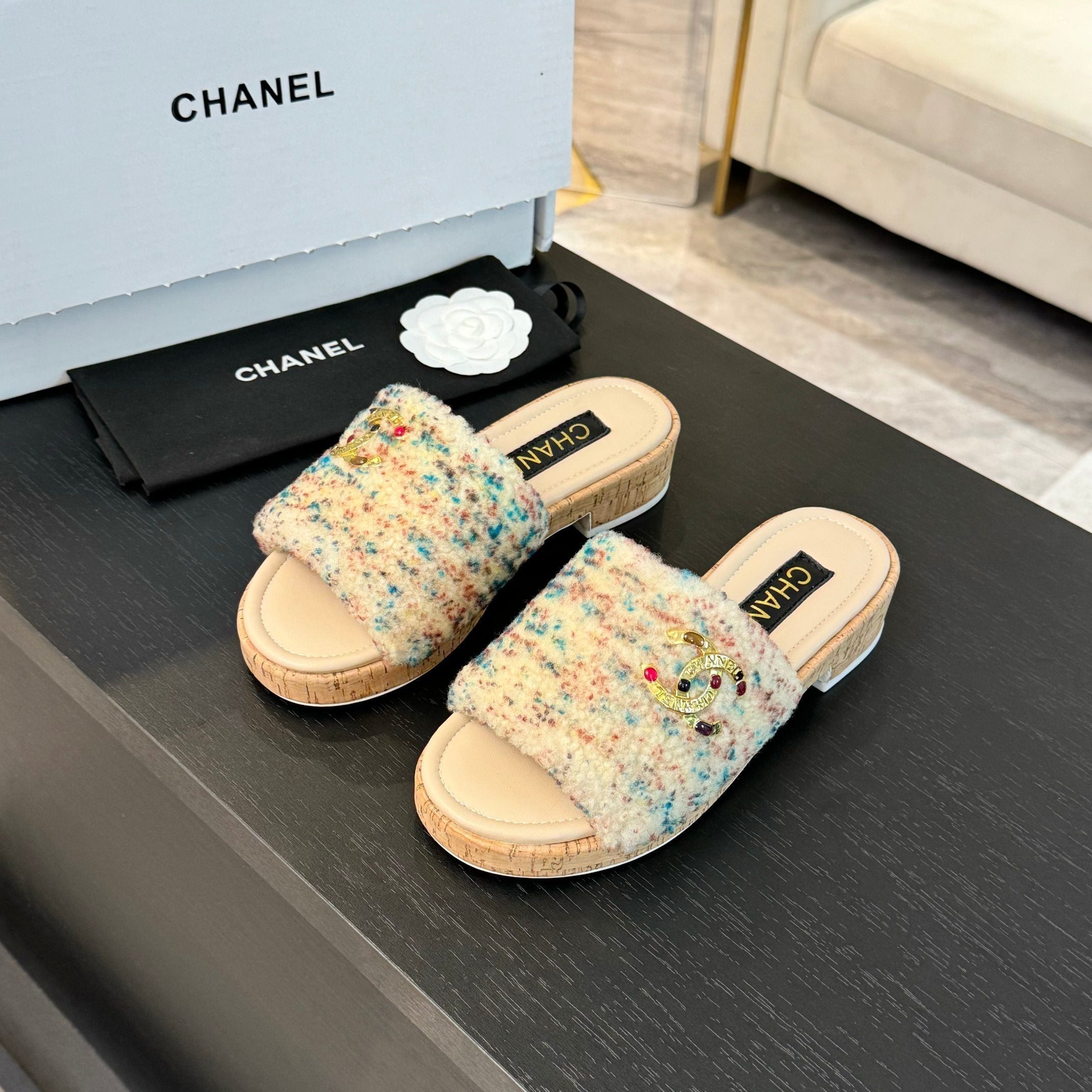 CC Slippers Beige Mix Blue Red Wool And Calfskin