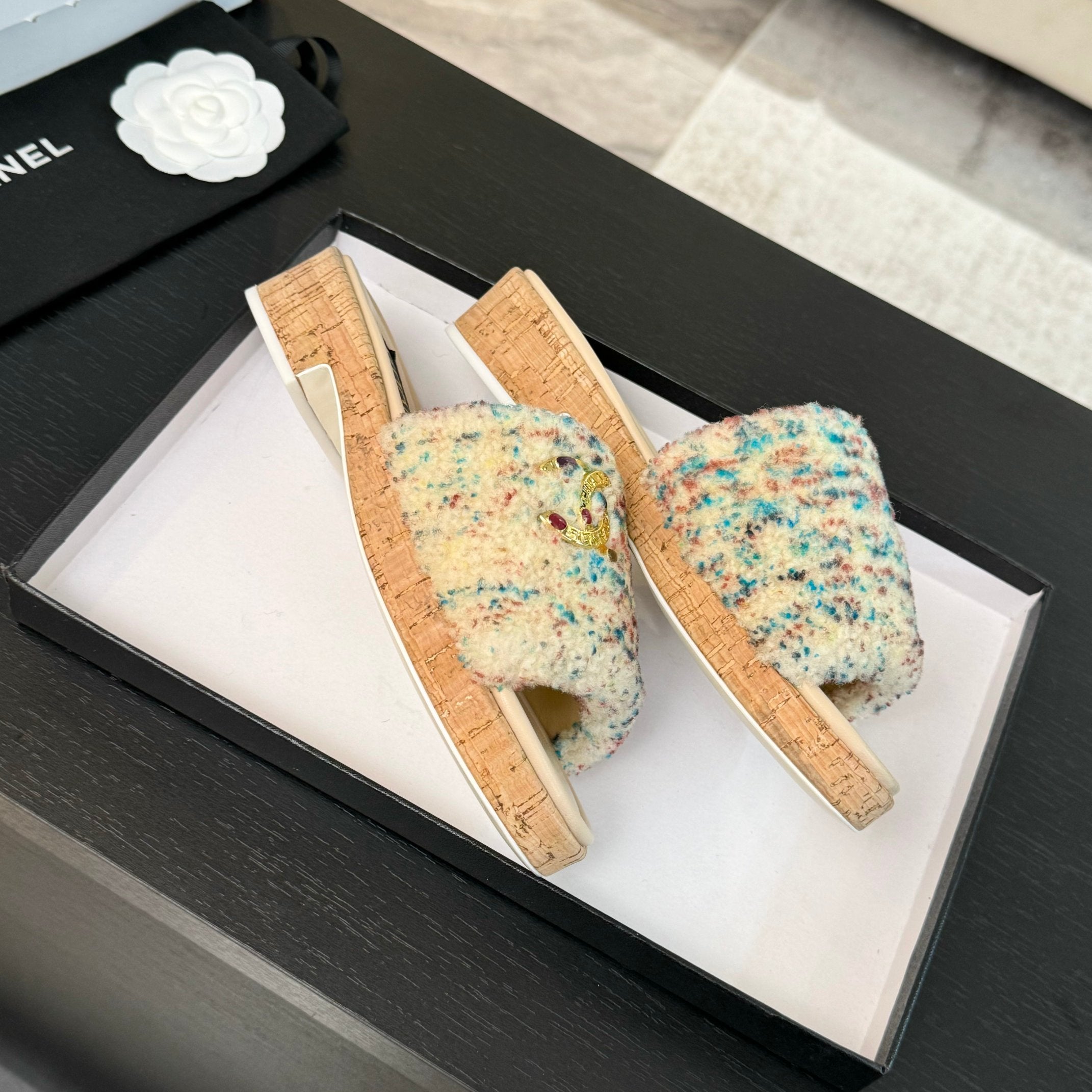 CC Slippers Beige Mix Blue Red Wool And Calfskin