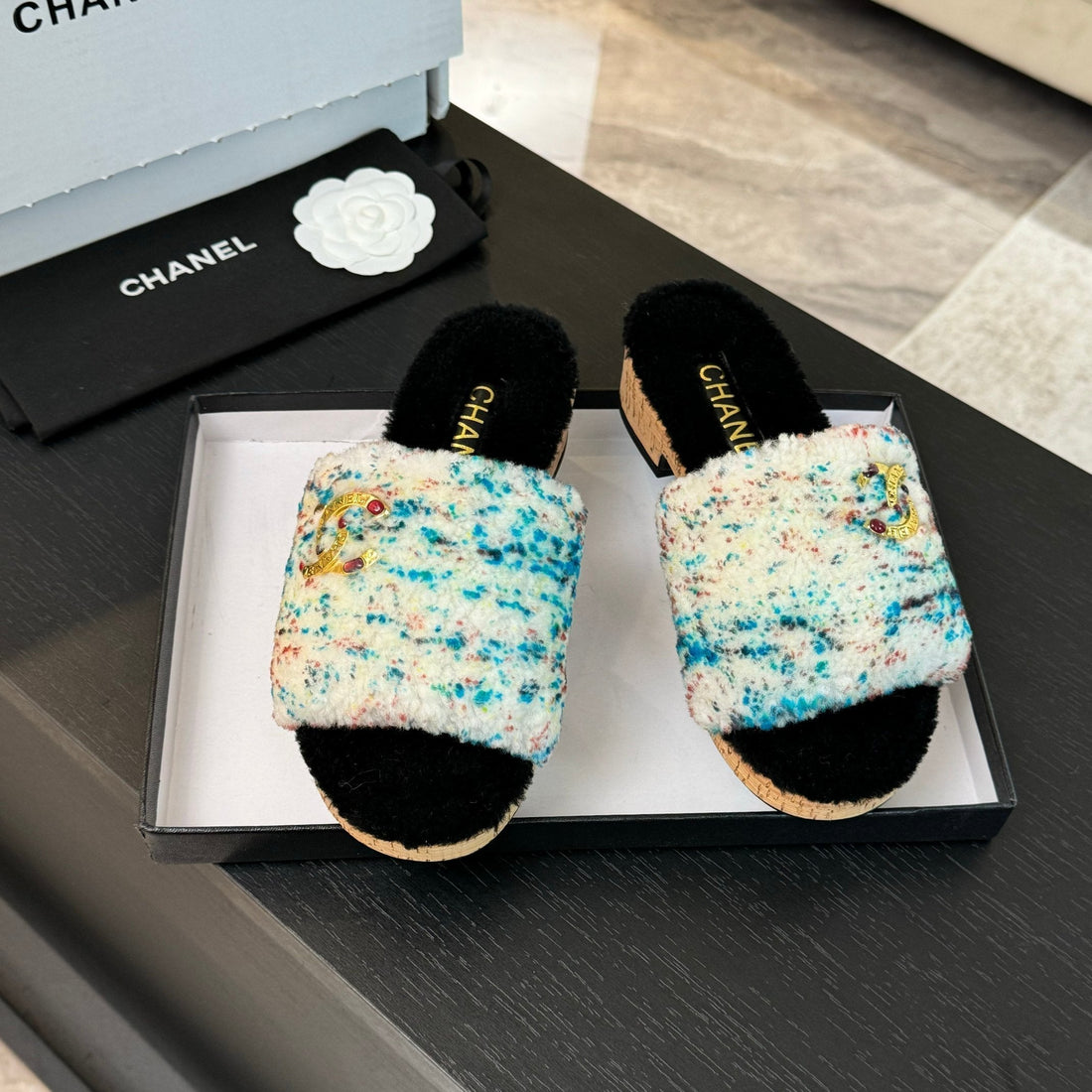 CC Slippers White Black Mix Blue Red Fleece Wool