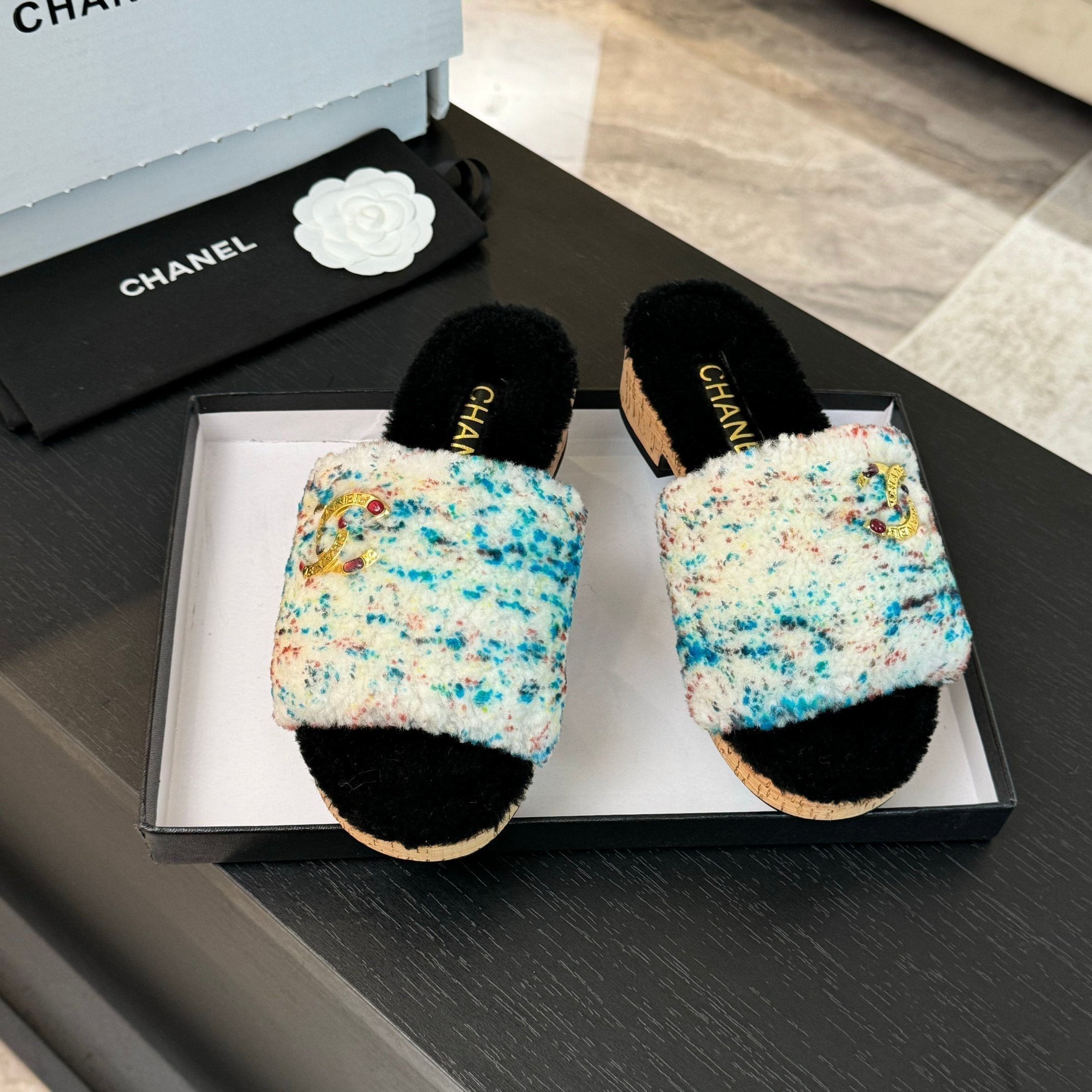 CC Slippers White Black Mix Blue Red Fleece Wool