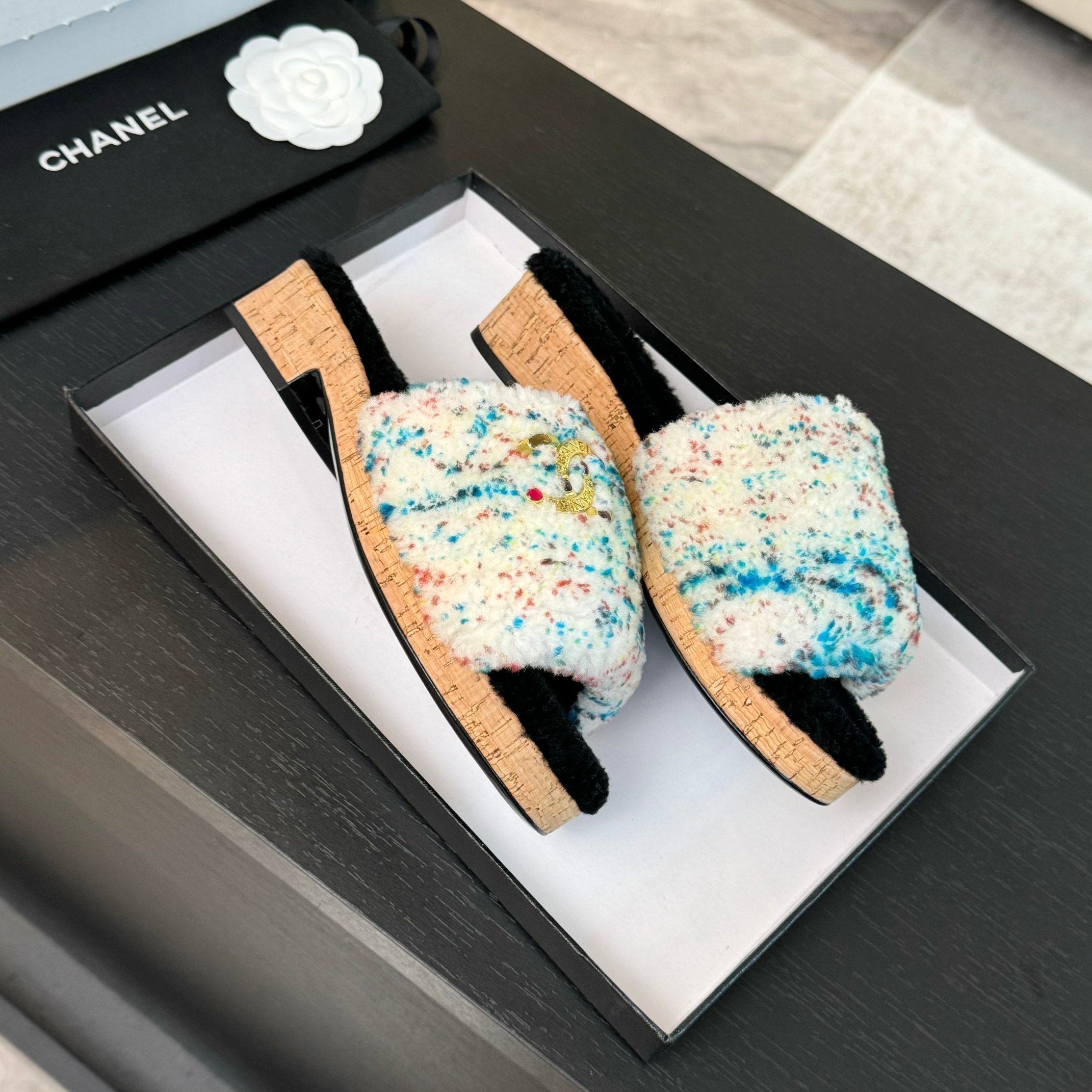 CC Slippers White Black Mix Blue Red Fleece Wool