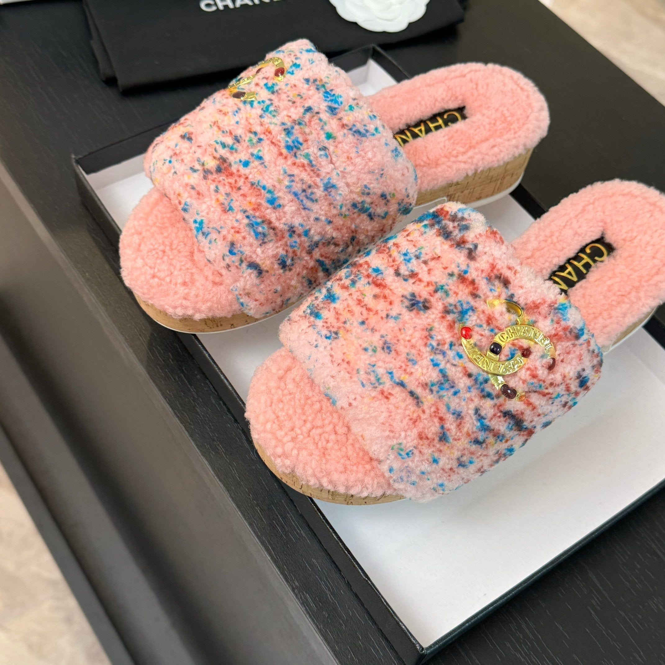 CC Slippers Pink Mix Blue Red Fleece Wool