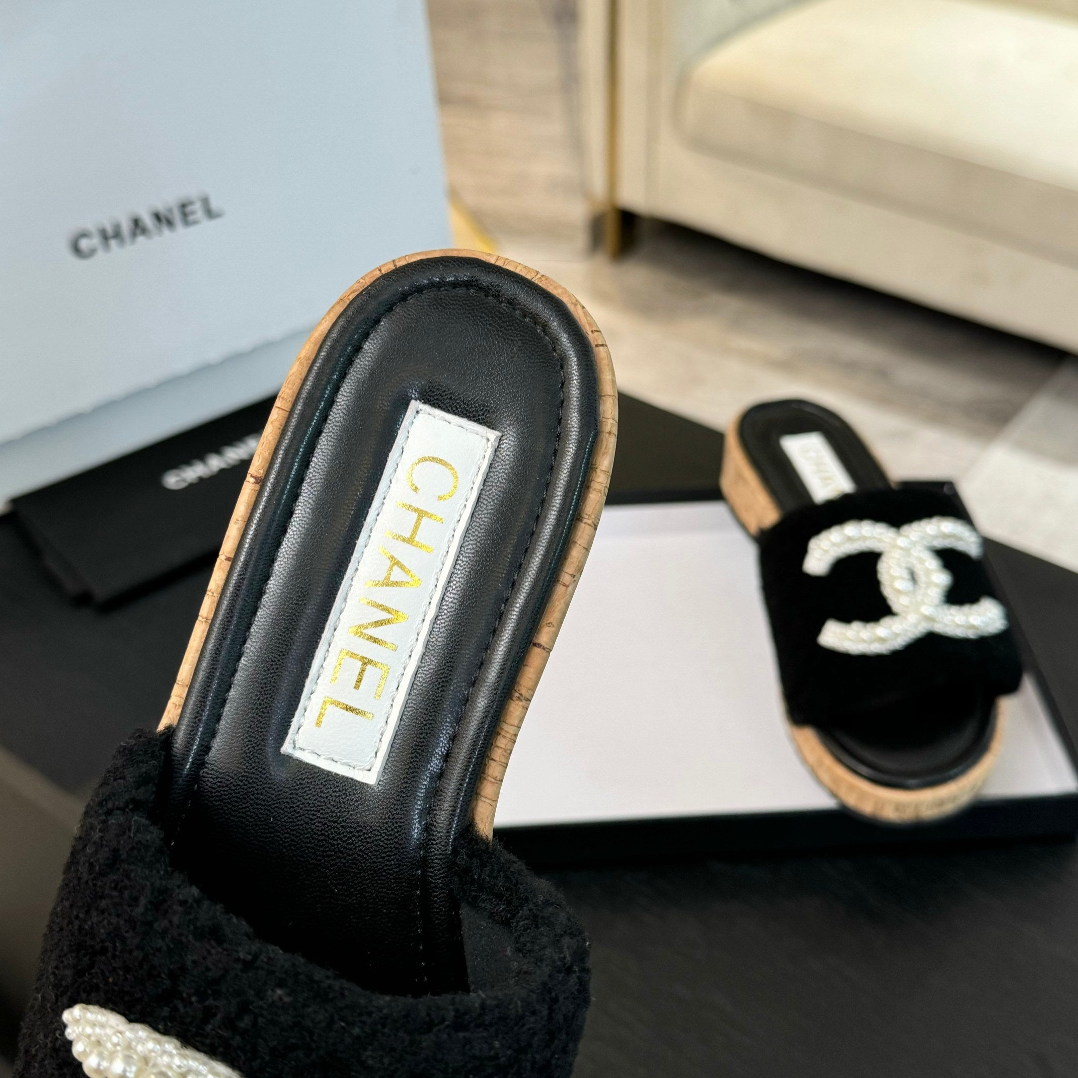 CC Slippers Black Wool And Calfskin