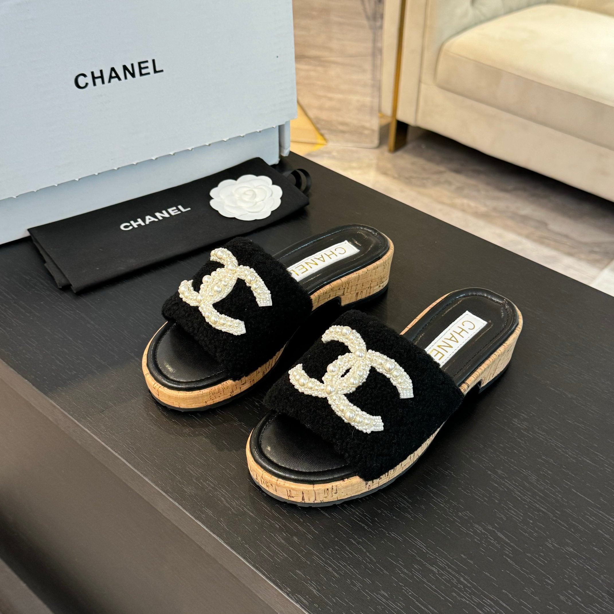 CC Slippers Black Wool And Calfskin