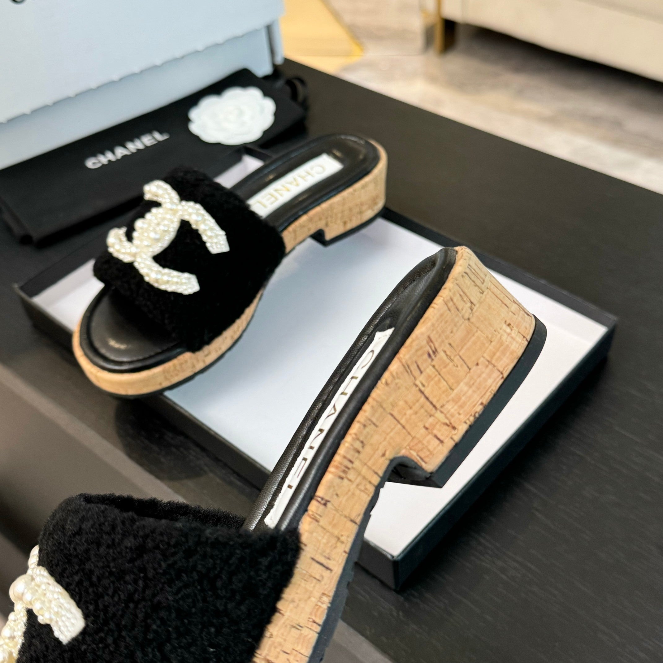 CC Slippers Black Wool And Calfskin