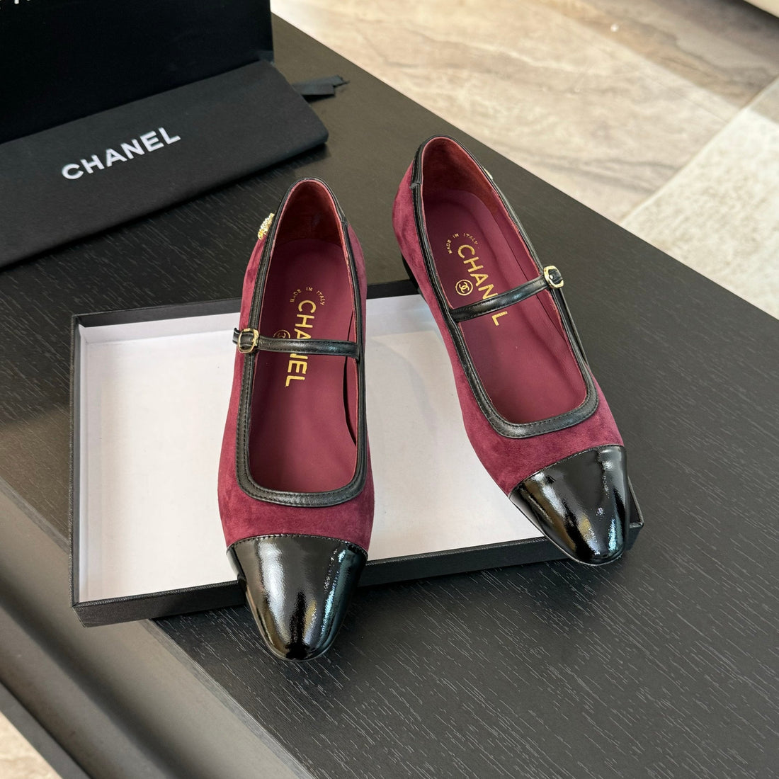 CC Mary Jane Black Dark Red Suede