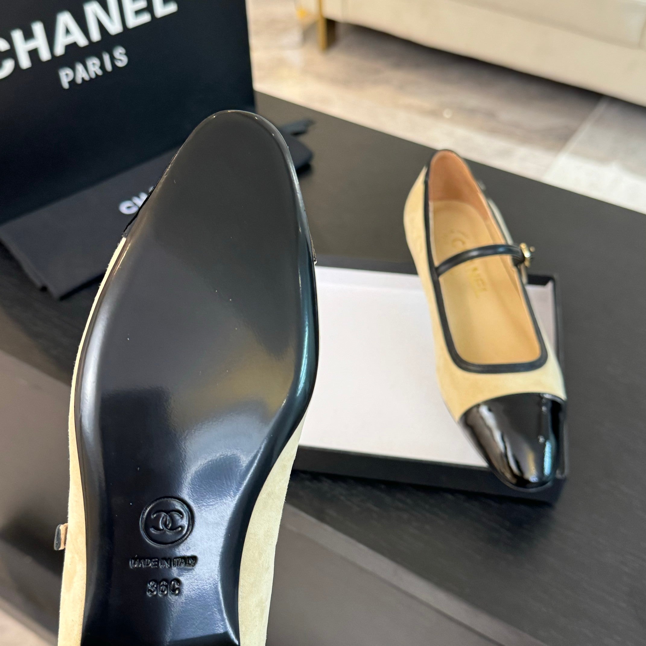 CC Mary Jane Black Beige Suede