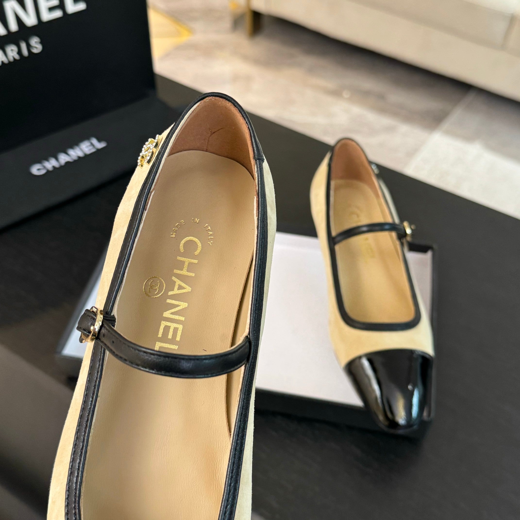 CC Mary Jane Black Beige Suede