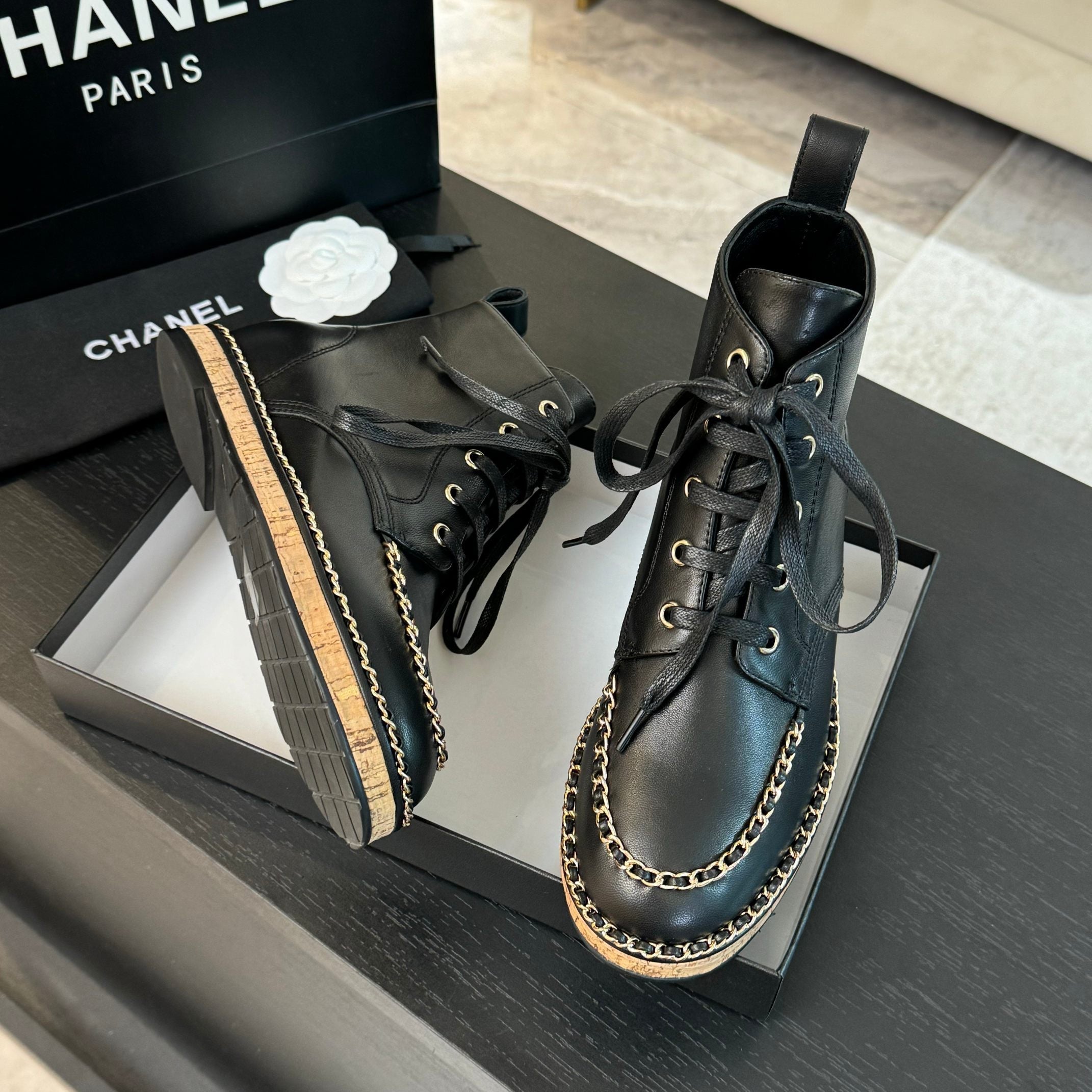 CC Ankle Boots Black With Chain Calfskin
