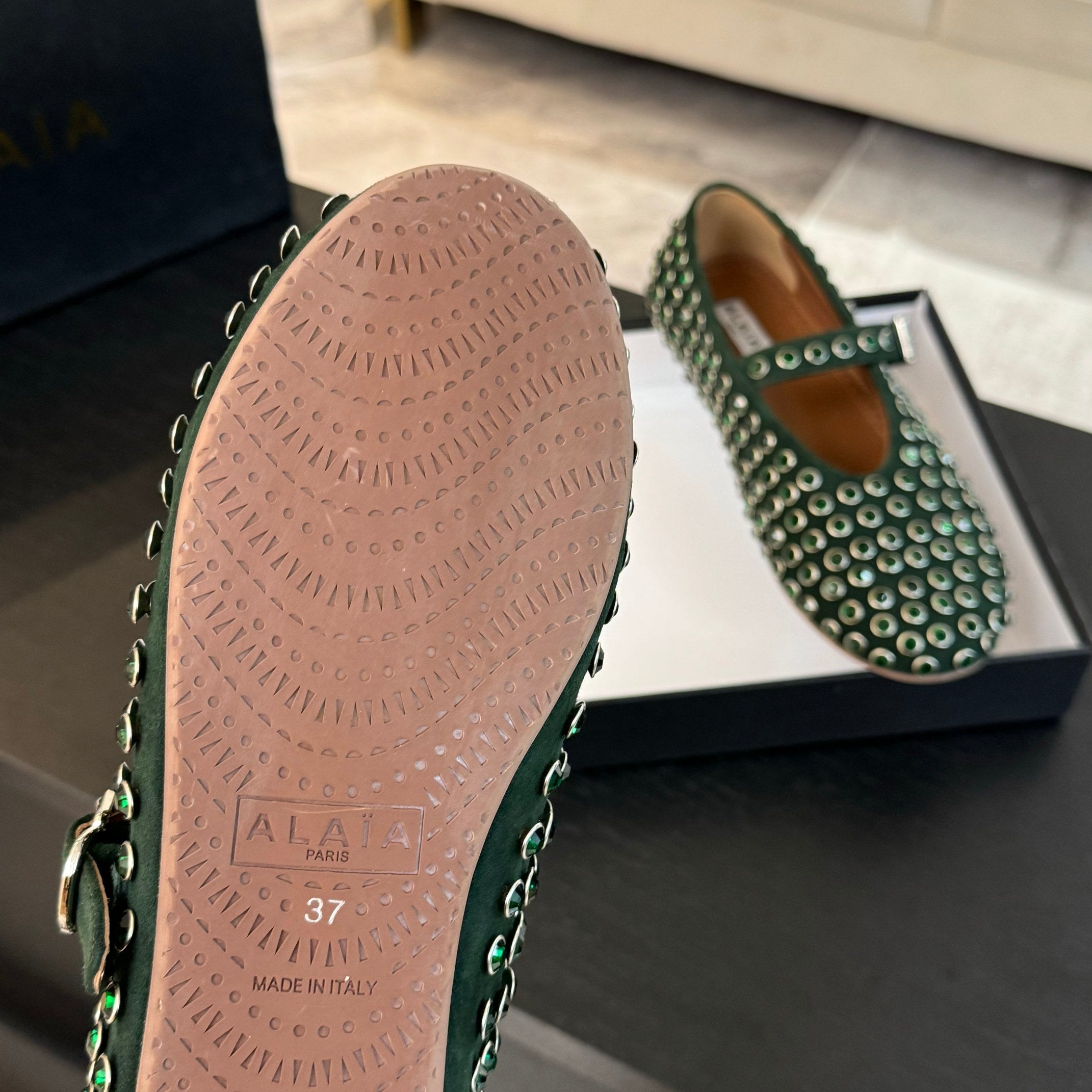 Alaia Strass Ballet Flats In Dark Green Suede Stone 935187
