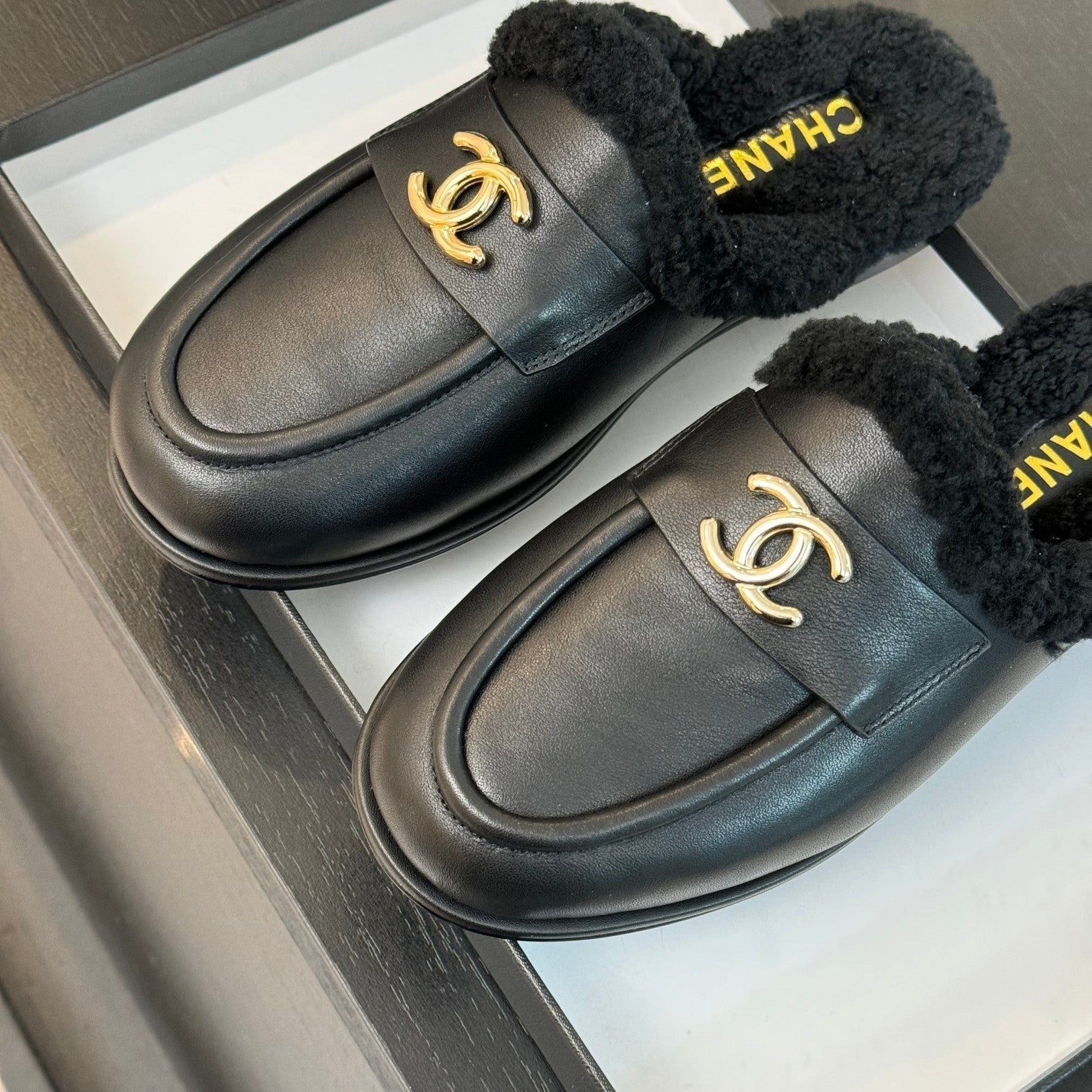 CC Mule Black Calfskin Lamb Wool