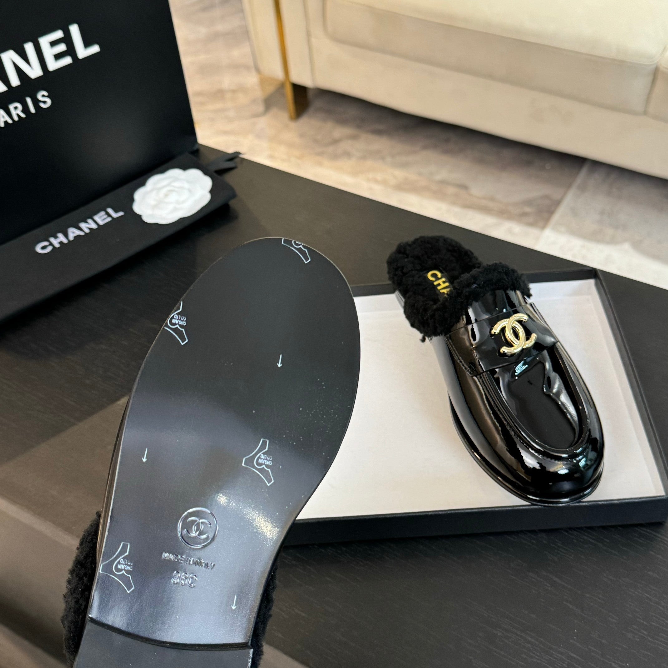 CC Mule Black Patent Calfskin Lamb Wool