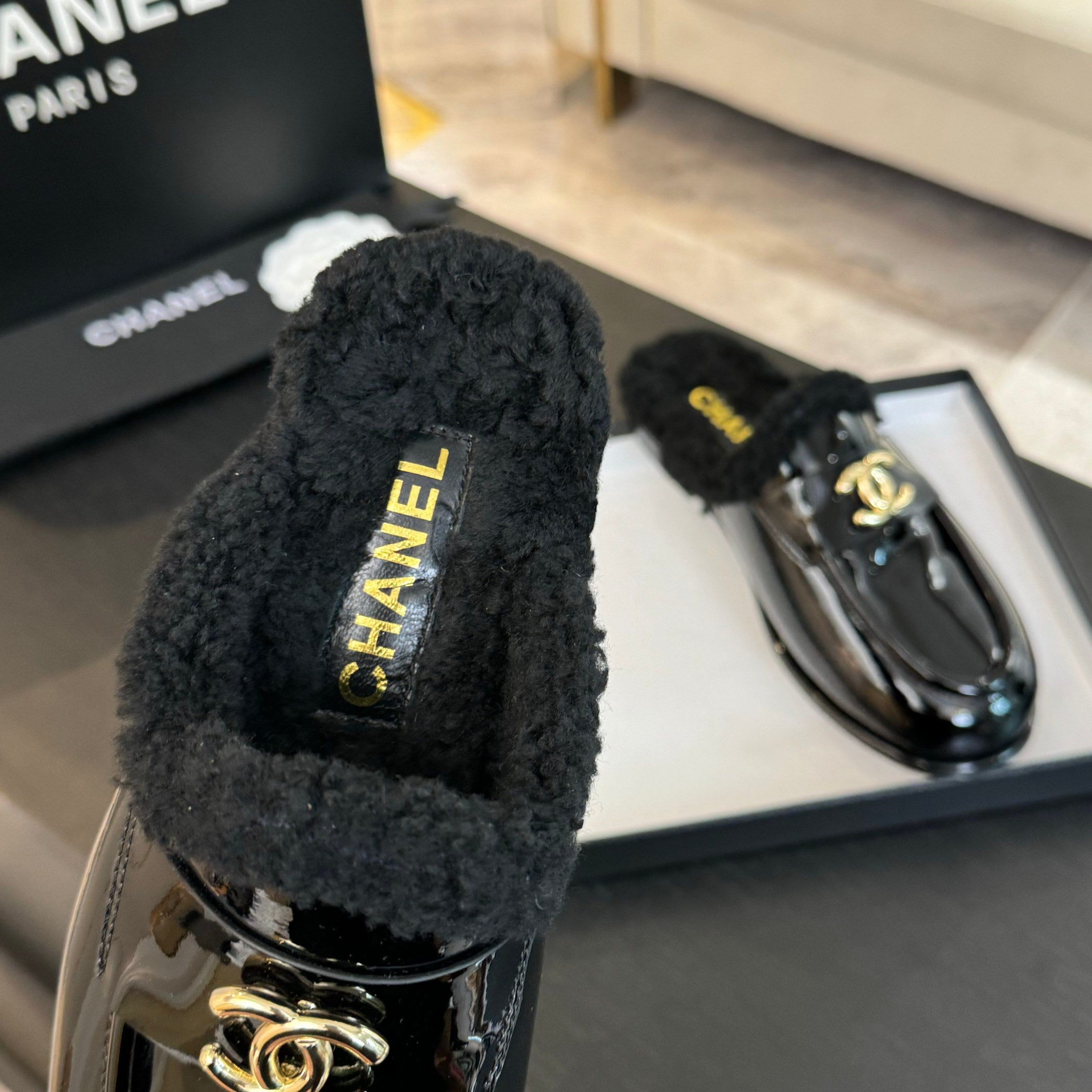 CC Mule Black Patent Calfskin Lamb Wool