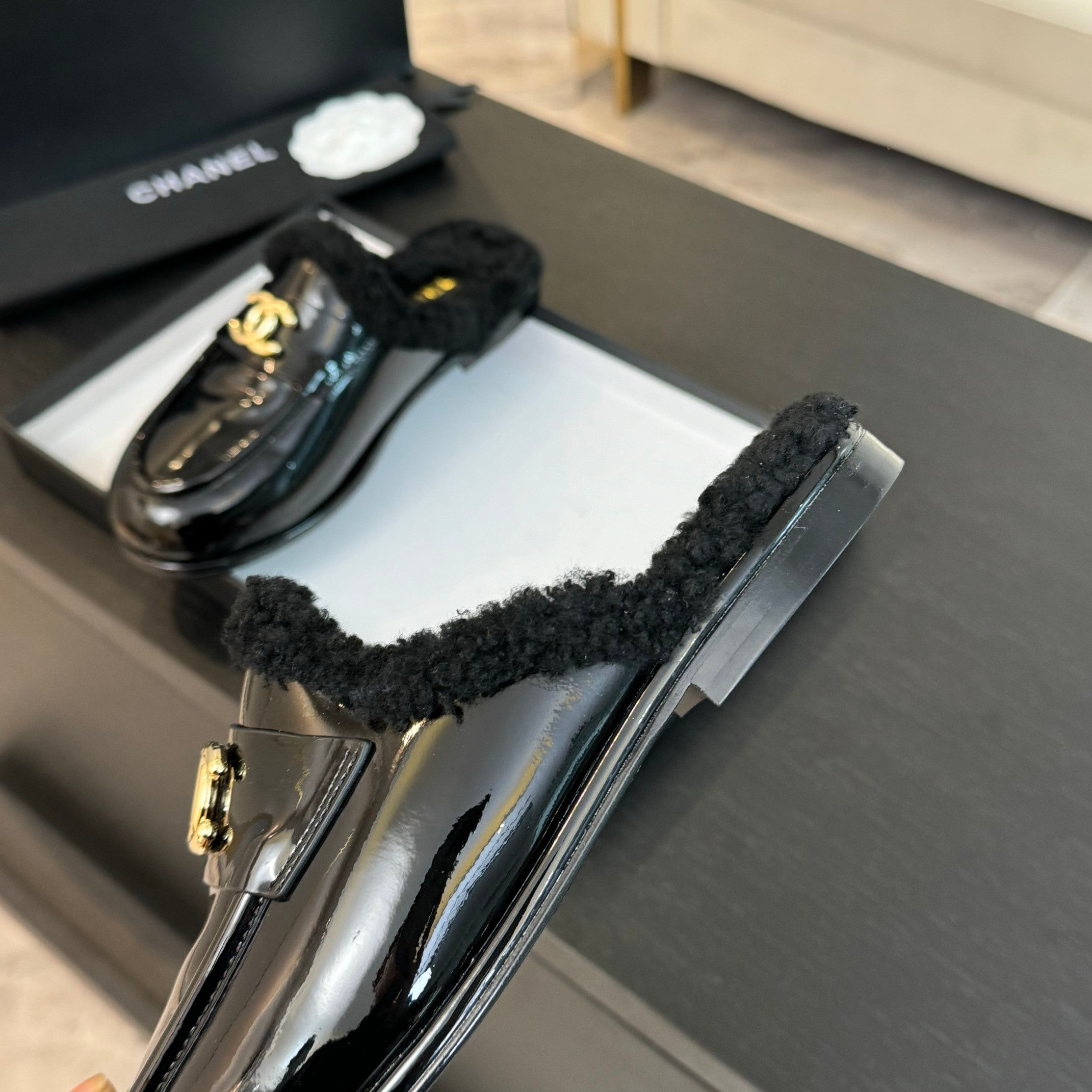 CC Mule Black Patent Calfskin Lamb Wool