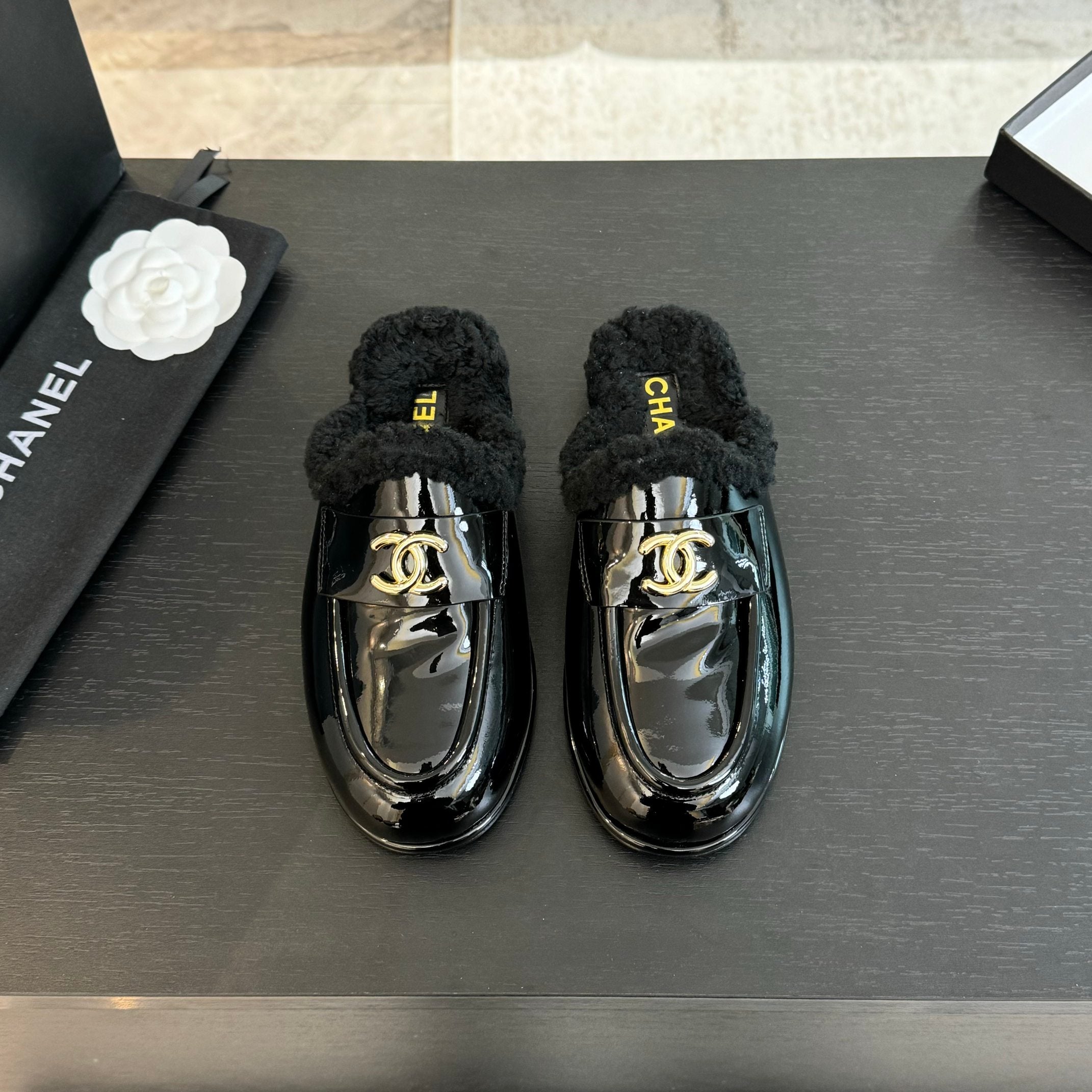 CC Mule Black Patent Calfskin Lamb Wool