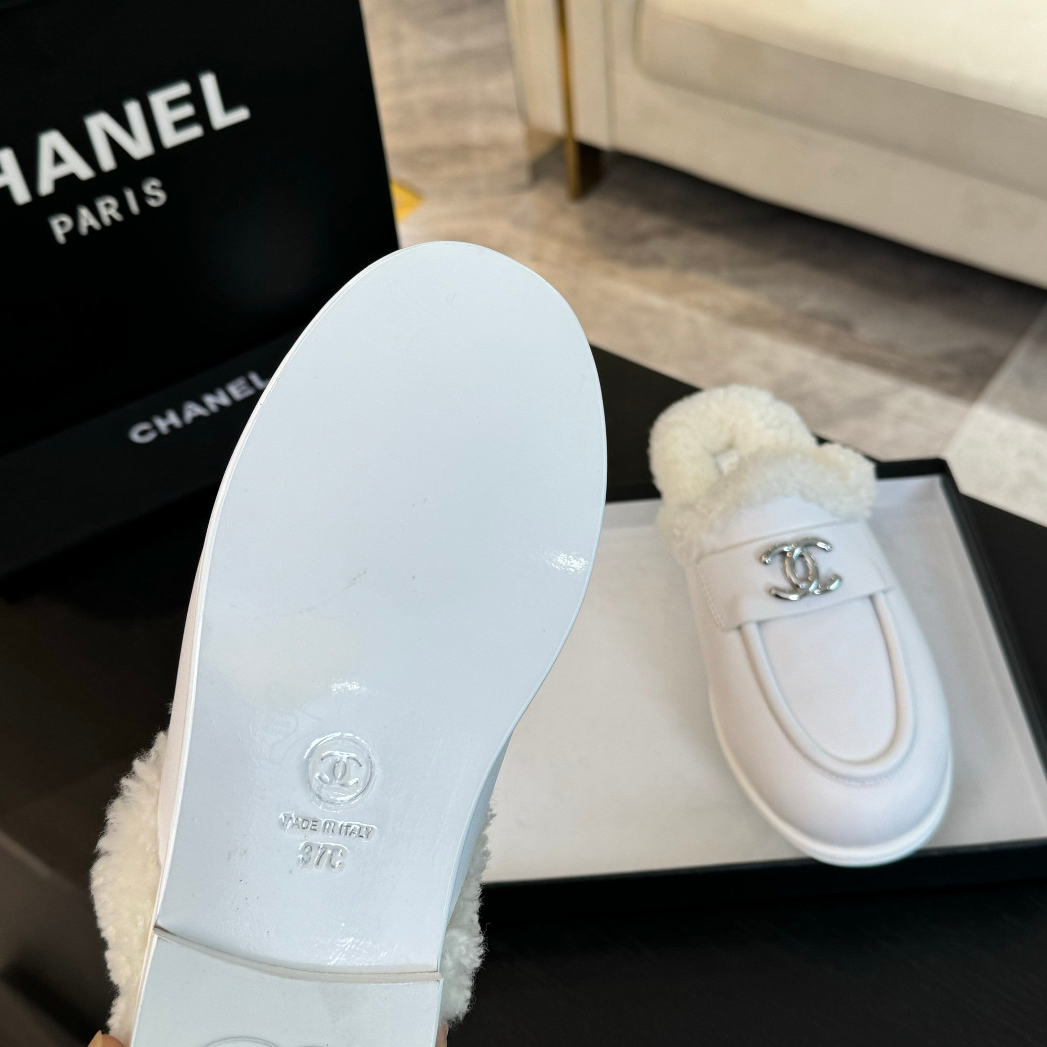 CC Mule White Calfskin Lamb Wool