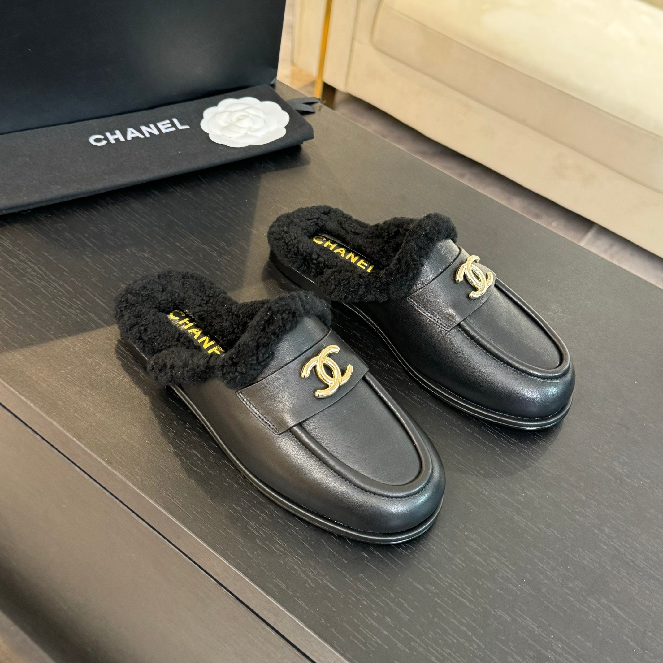 CC Mule Black Calfskin Lamb Wool