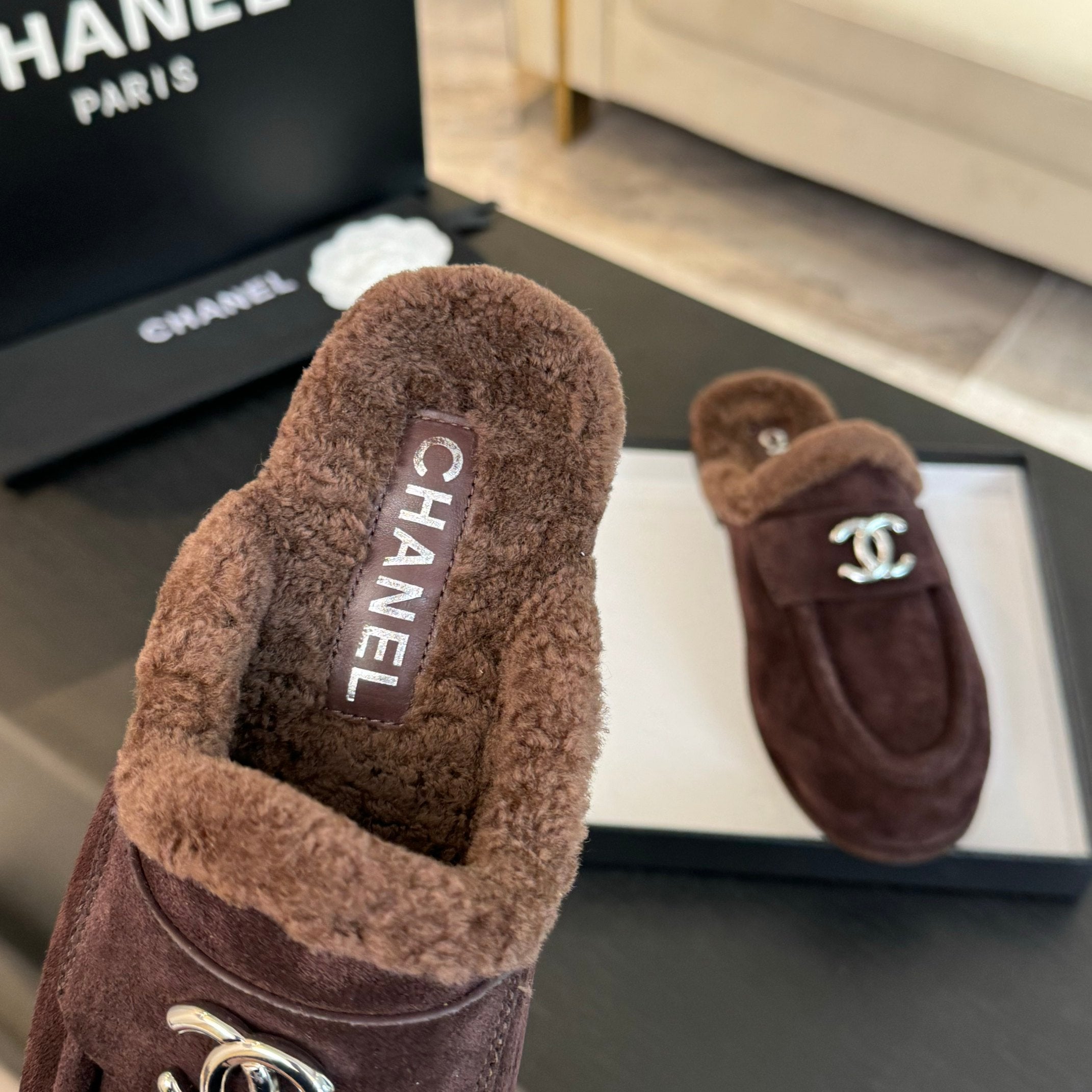 CC Mule Chocolate Suede Lamb Wool
