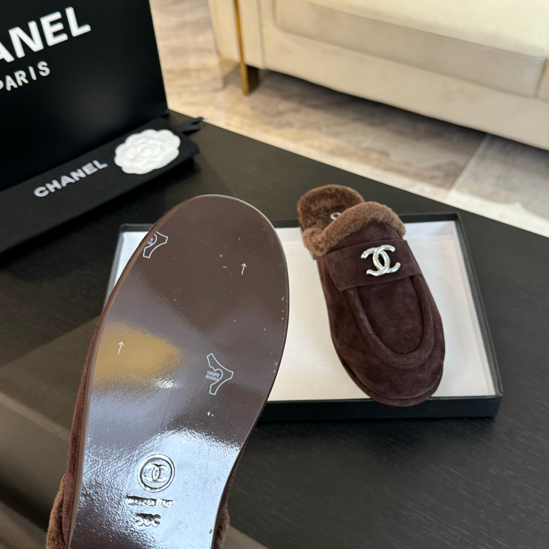 CC Mule Chocolate Suede Lamb Wool