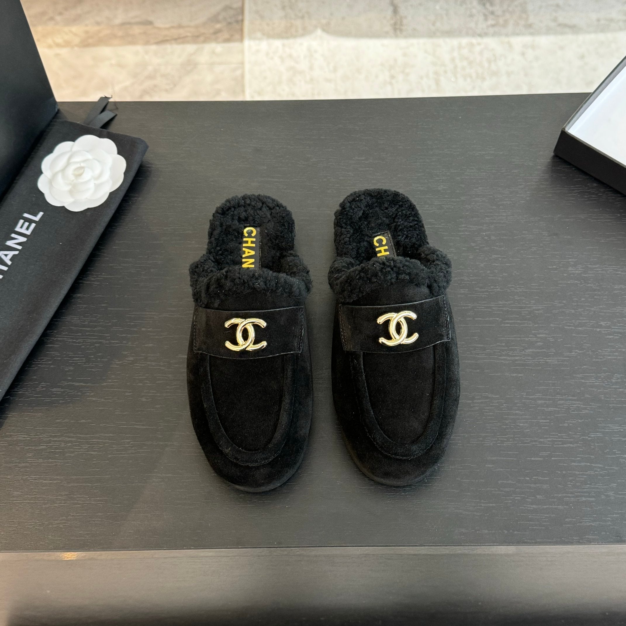 CC Mule Black Suede Lamb Wool