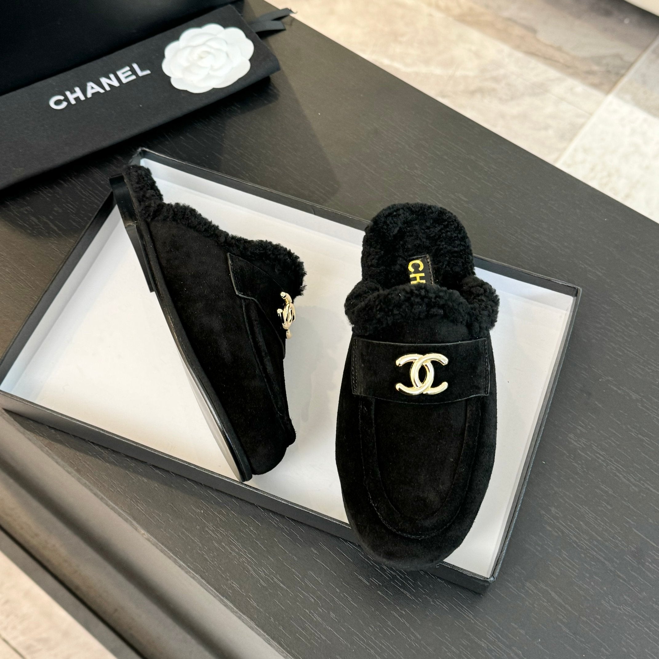 CC Mule Black Suede Lamb Wool