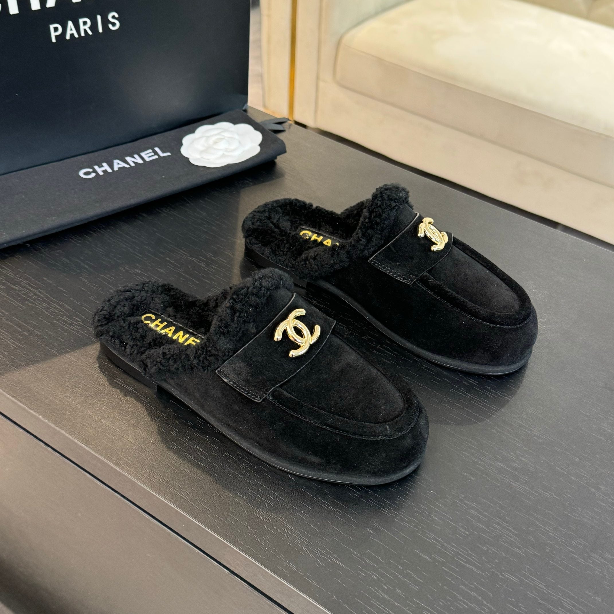 CC Mule Black Suede Lamb Wool