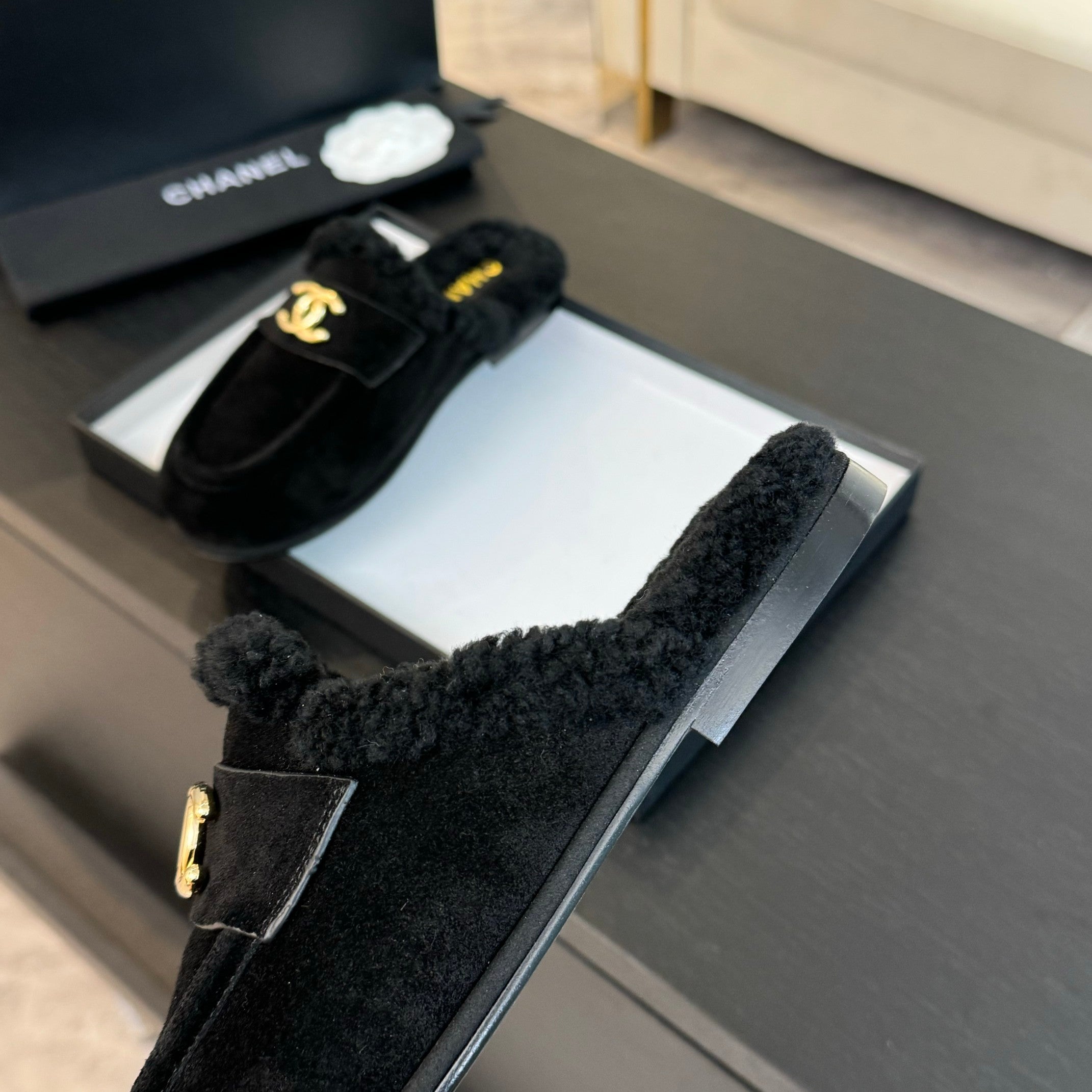 CC Mule Black Suede Lamb Wool