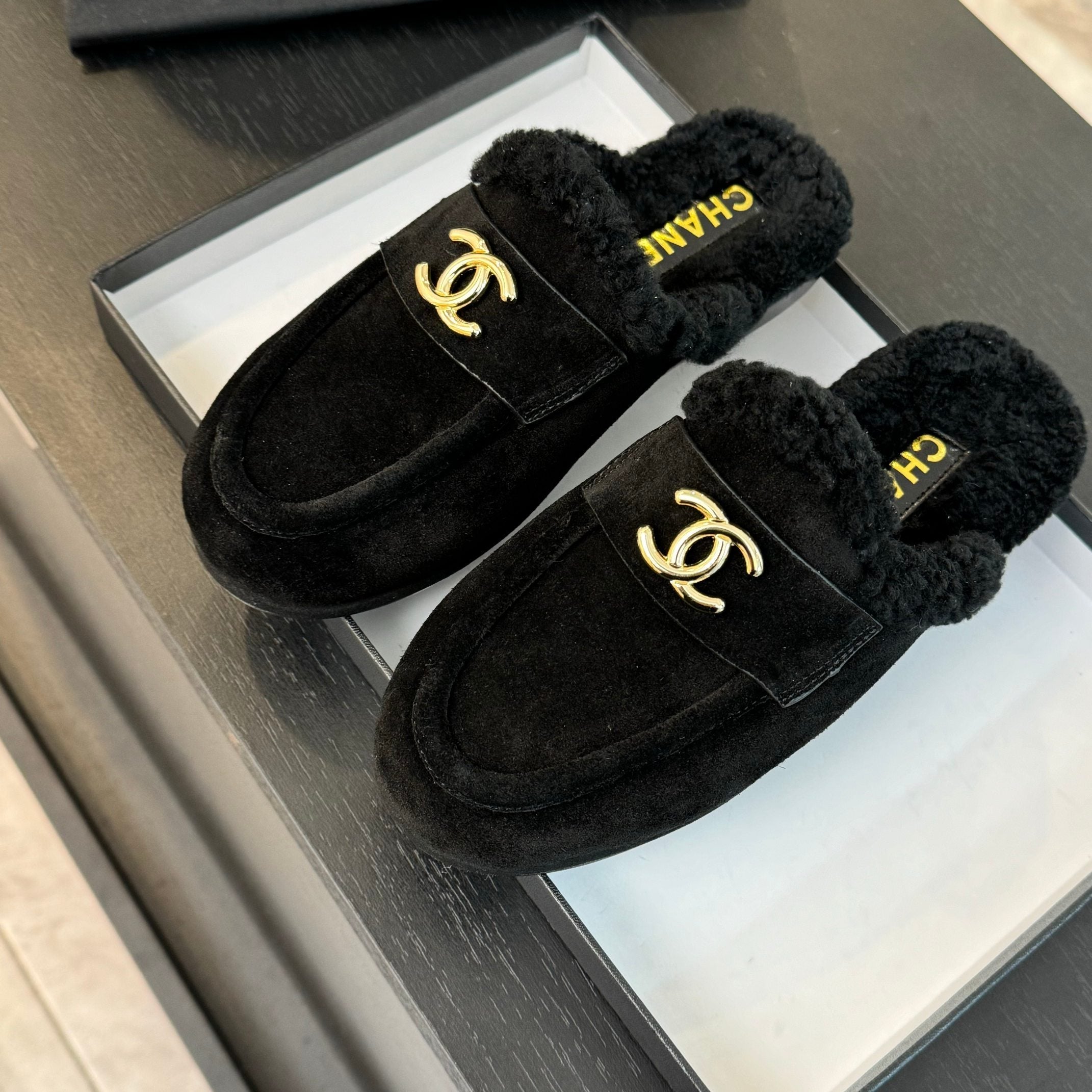 CC Mule Black Suede Lamb Wool