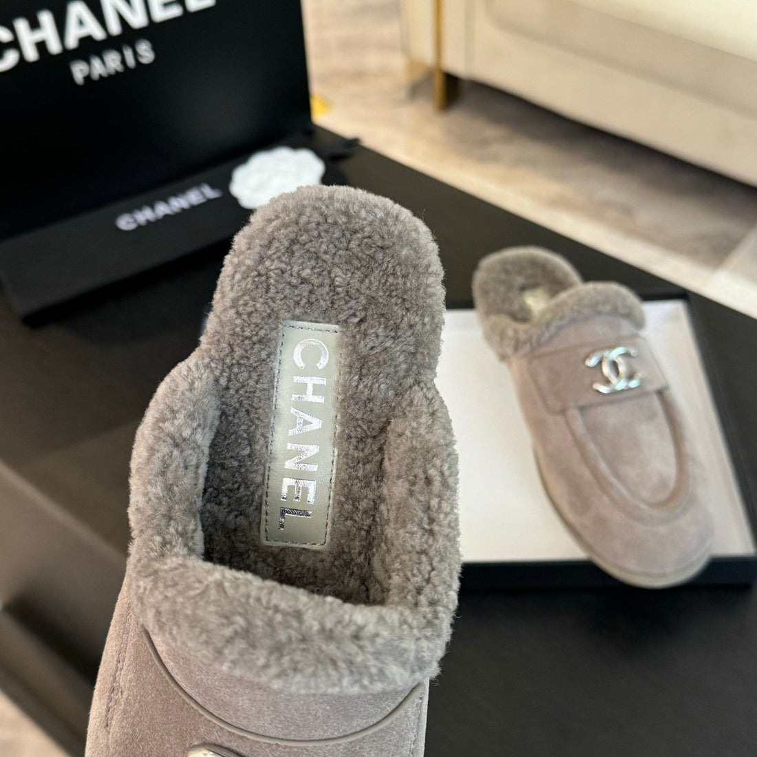 CC Mule Pinkish Grey Suede Lamb Wool