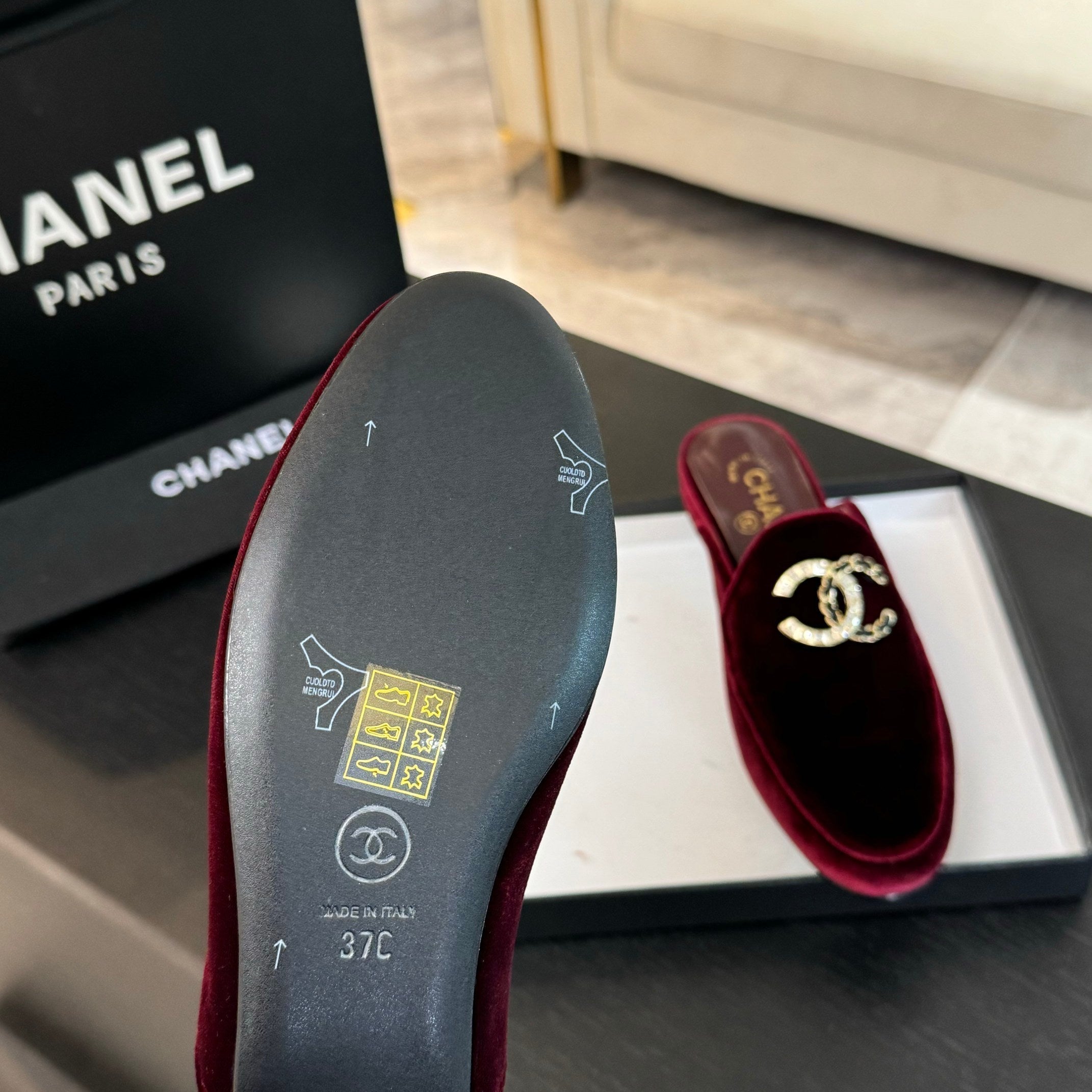 CC Mule Dark Red Velvet Double C Diamond