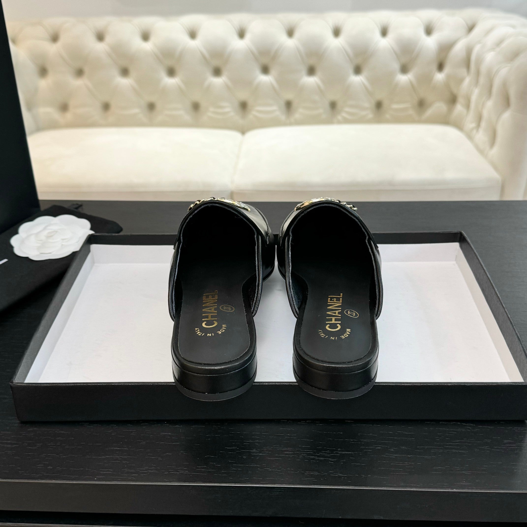 CC Mule Black Calfskin Double C Diamond