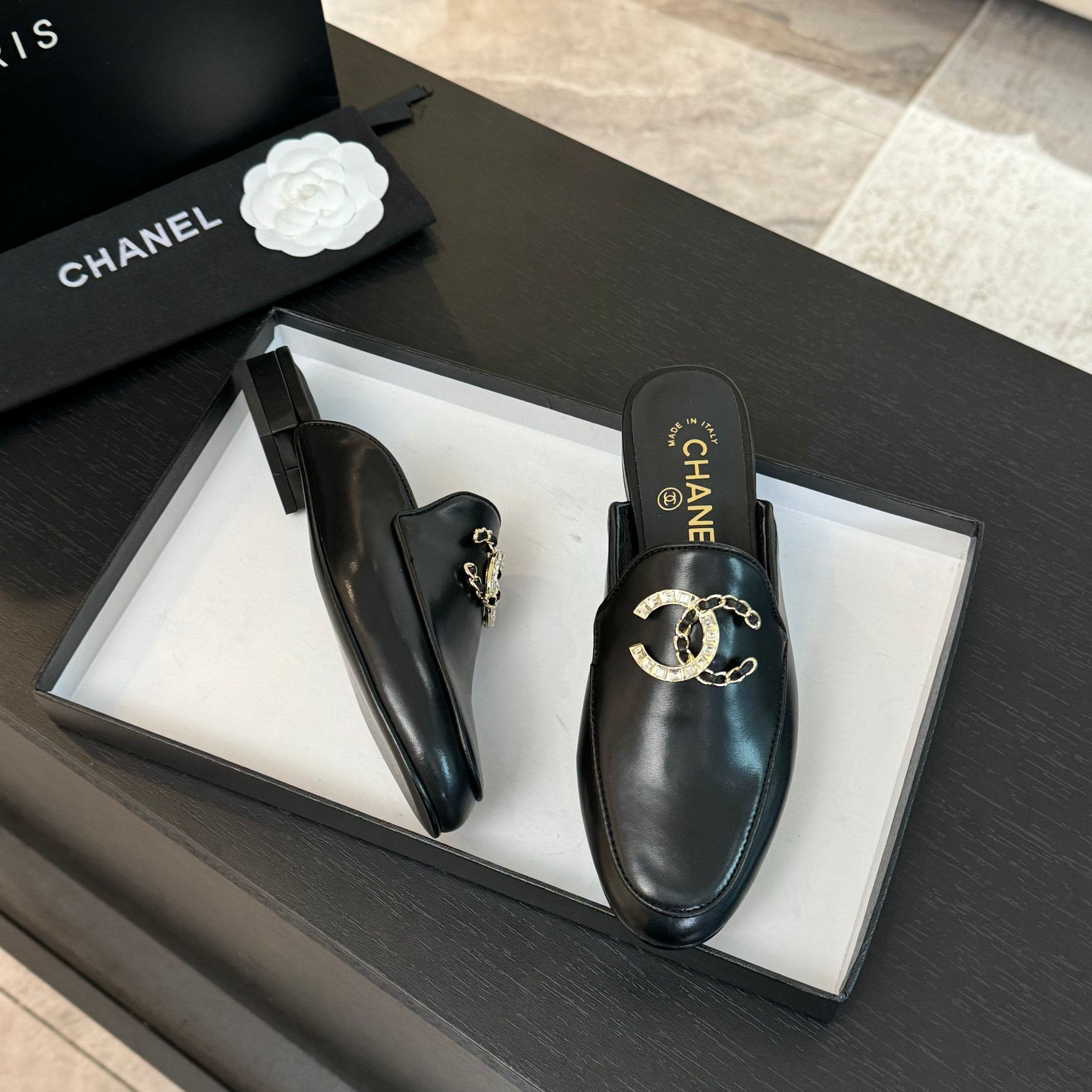 CC Mule Black Calfskin Double C Diamond