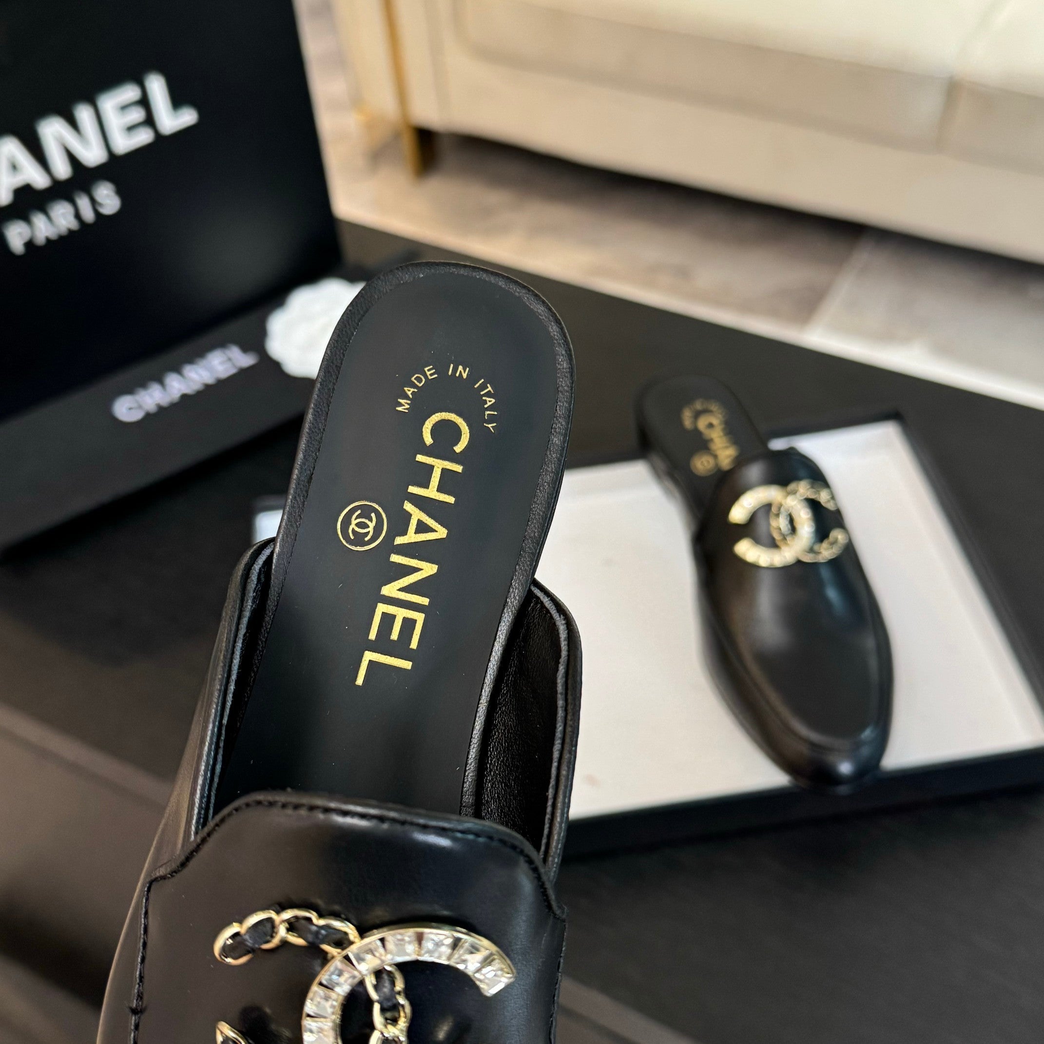 CC Mule Black Calfskin Double C Diamond