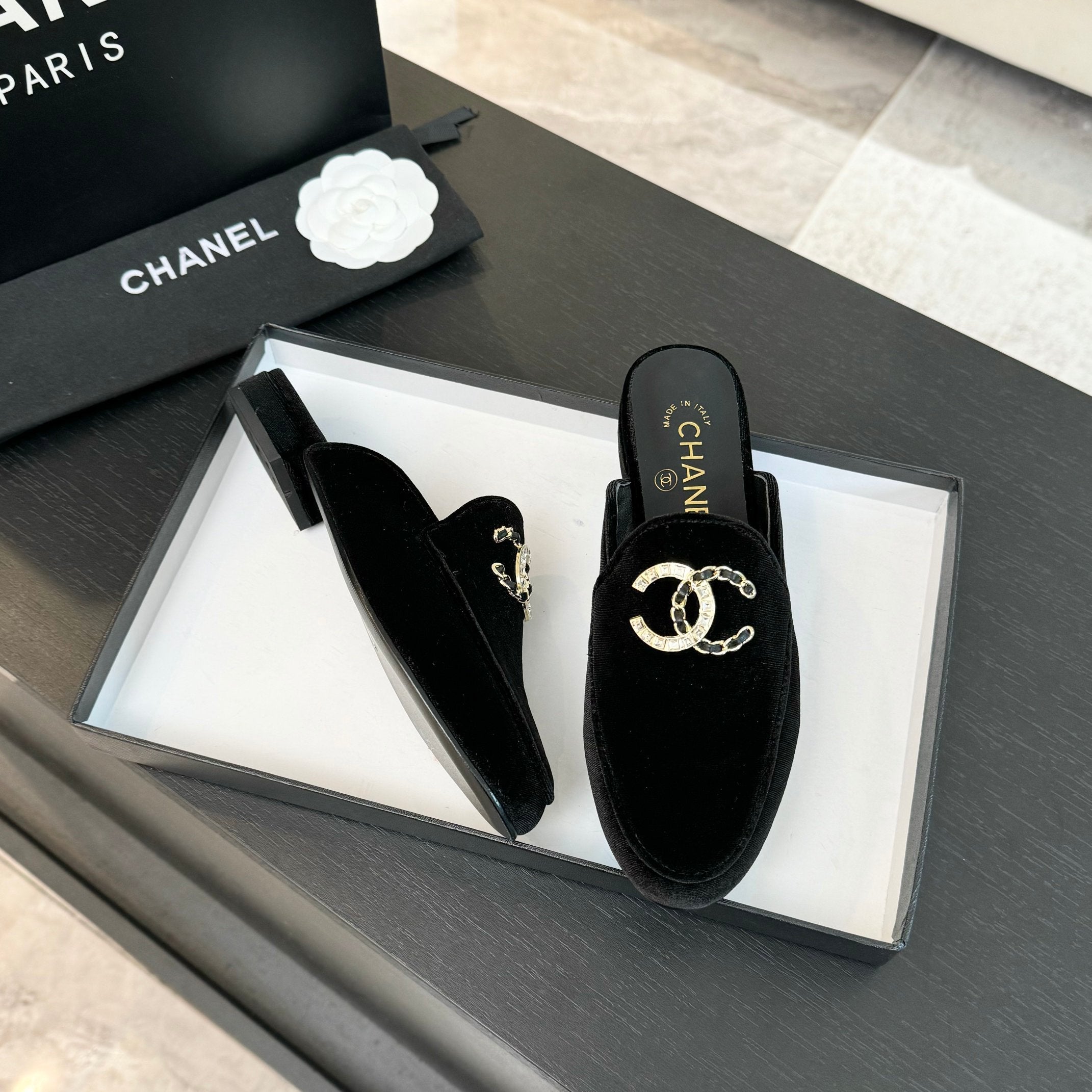 CC Mule Black Velvet Double C Diamond