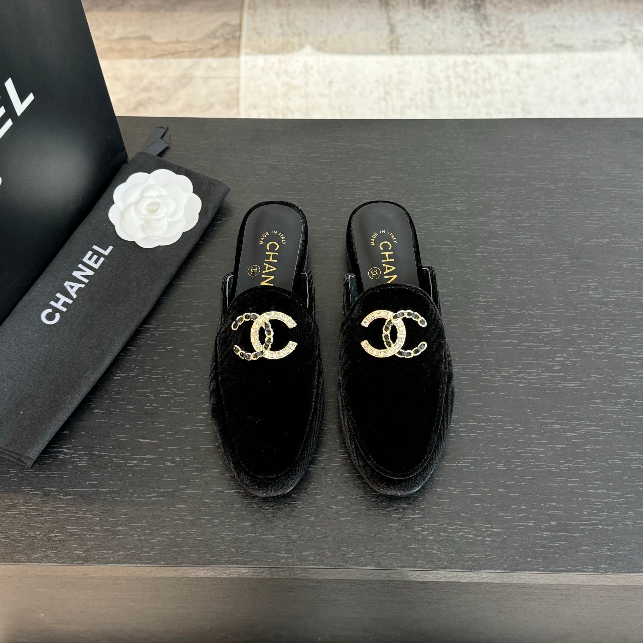 CC Mule Black Velvet Double C Diamond