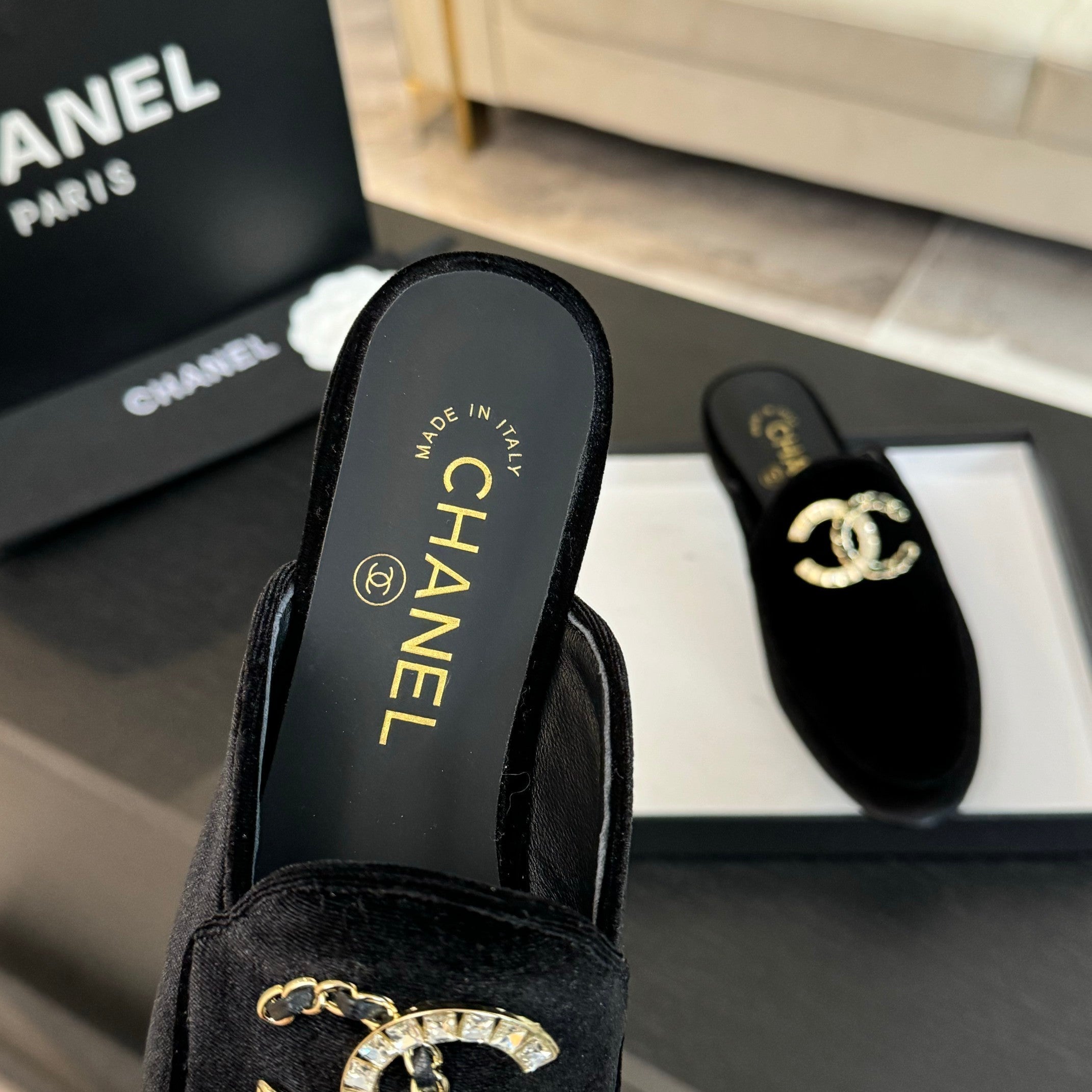 CC Mule Black Velvet Double C Diamond