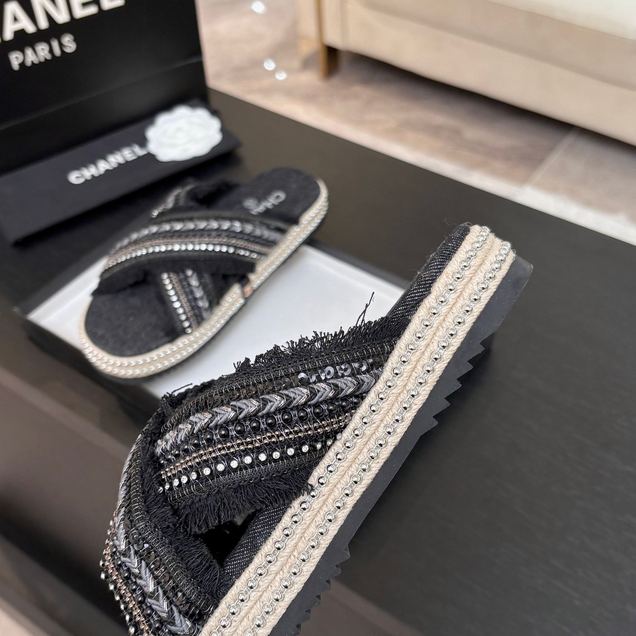 CC 25C Thick-Soled Slipper In Black Denim Space blue Fabric 213231