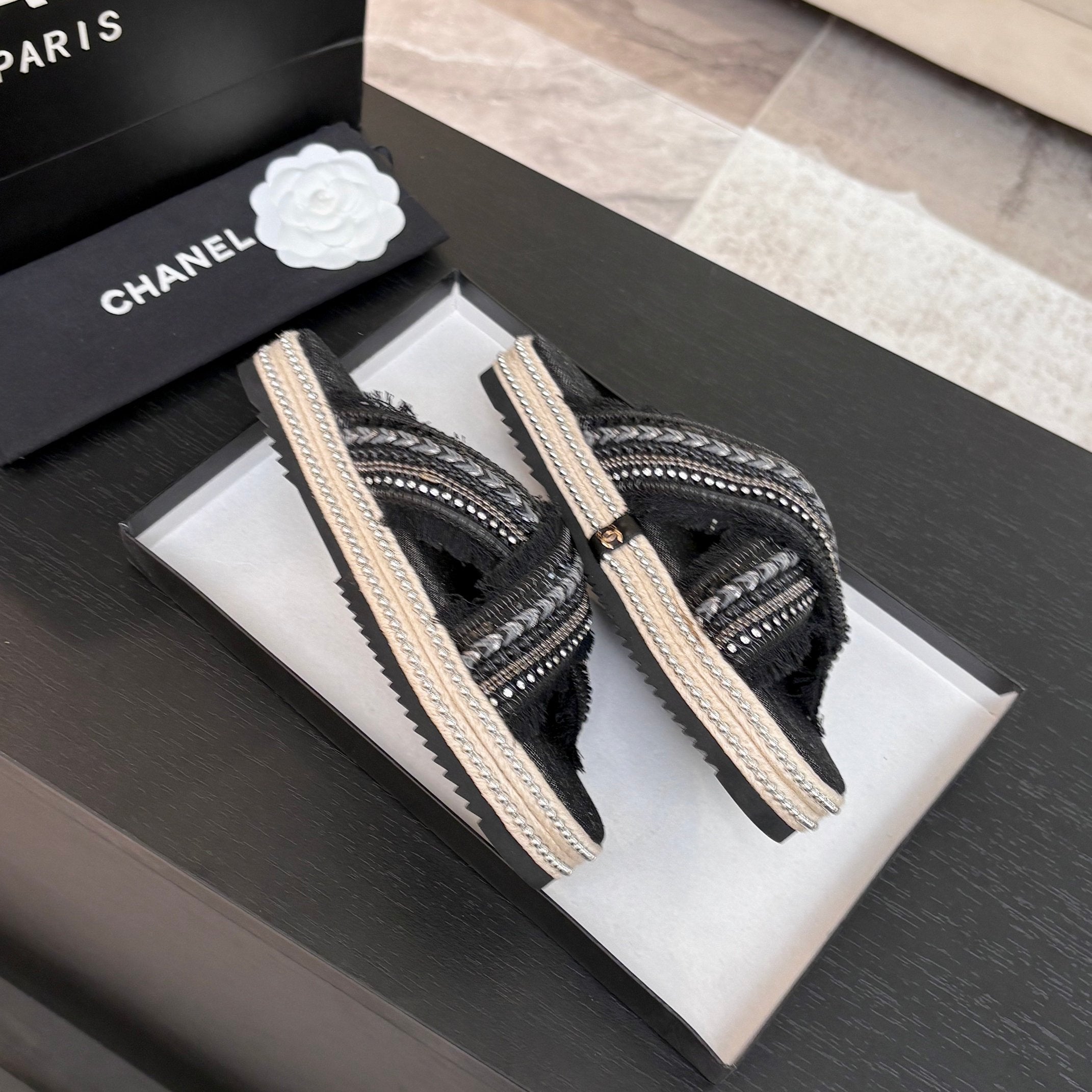 CC 25C Thick-Soled Slipper In Black Denim Space blue Fabric 213231