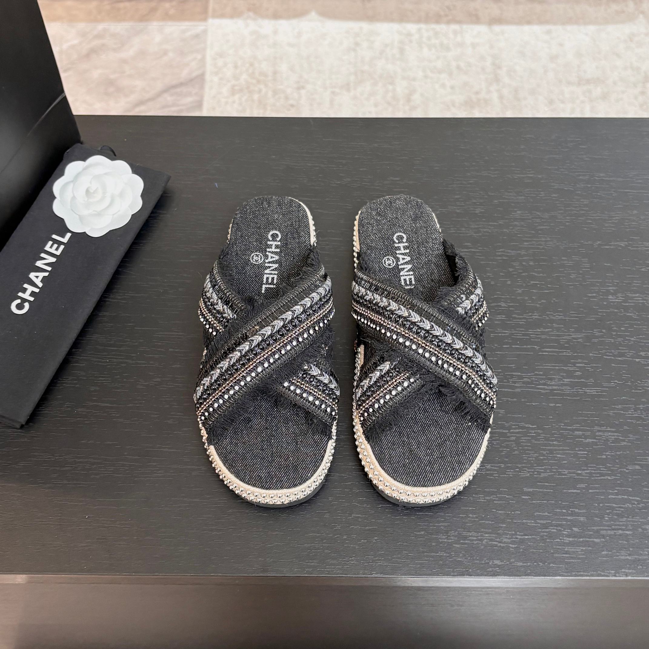 CC 25C Thick-Soled Slipper In Black Denim Space blue Fabric 213231