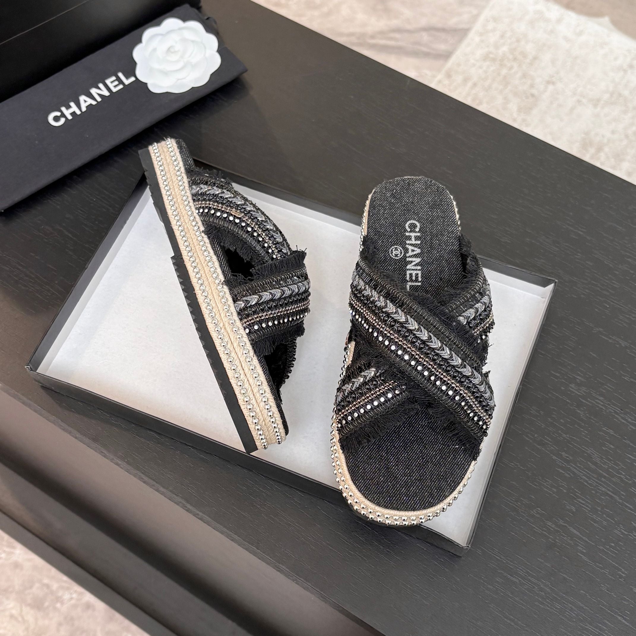 CC 25C Thick-Soled Slipper In Black Denim Space blue Fabric 213231