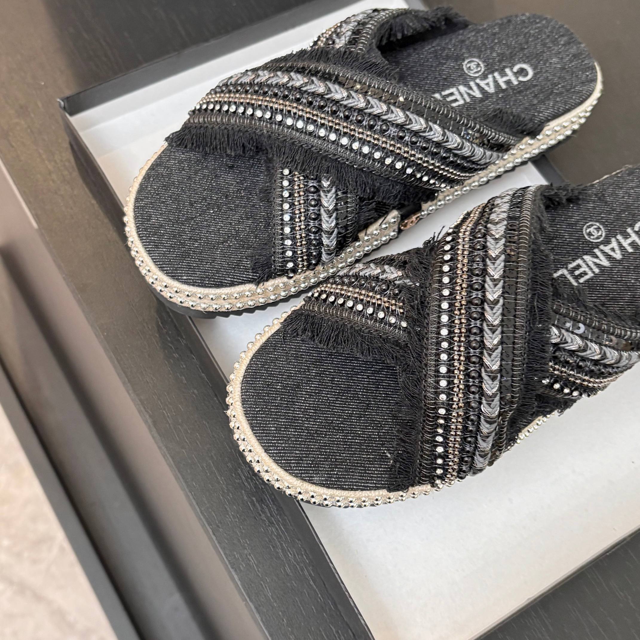 CC 25C Thick-Soled Slipper In Black Denim Space blue Fabric 213231