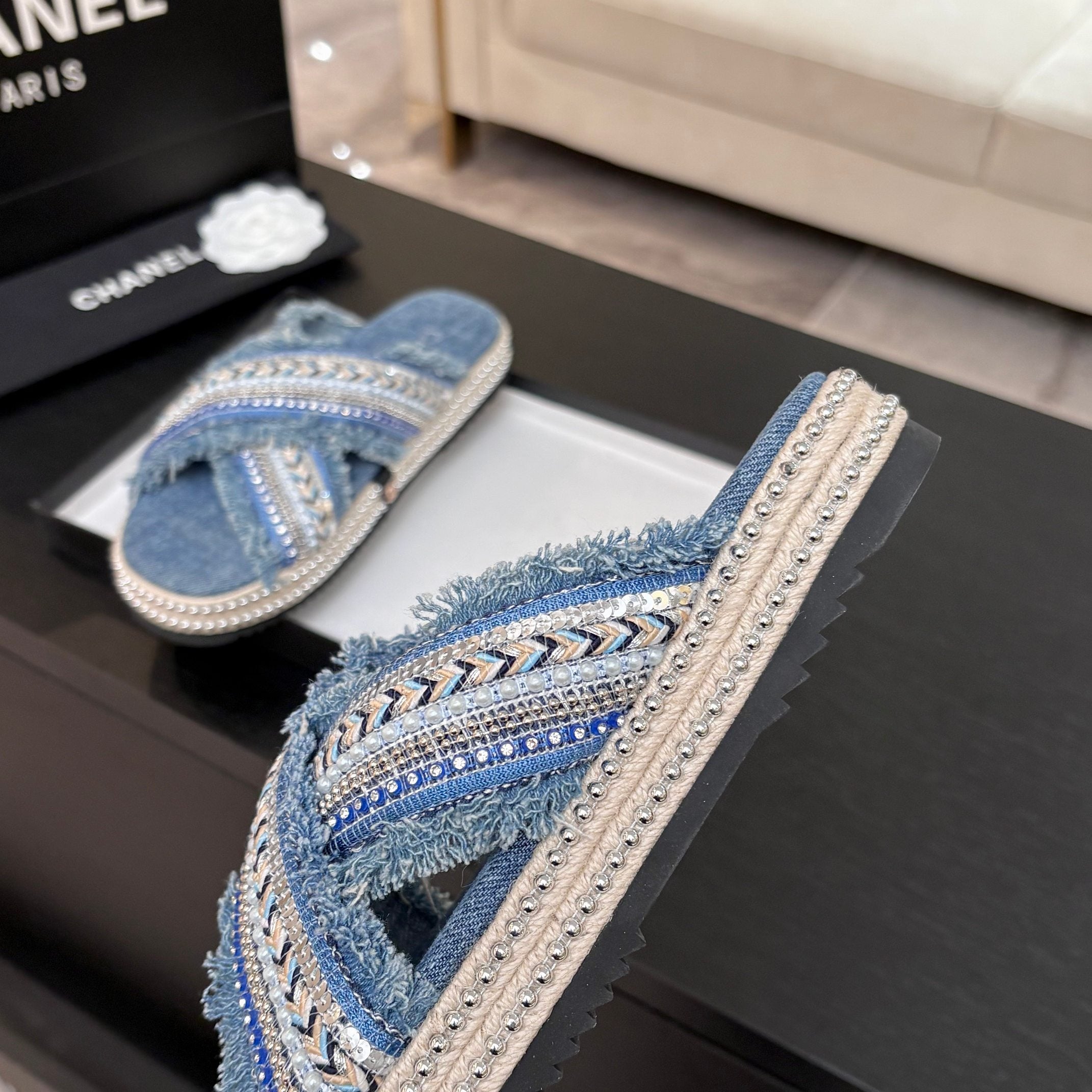 CC 25C Thick-Soled Slipper In Black Denim Steel Blue Fabric 213232