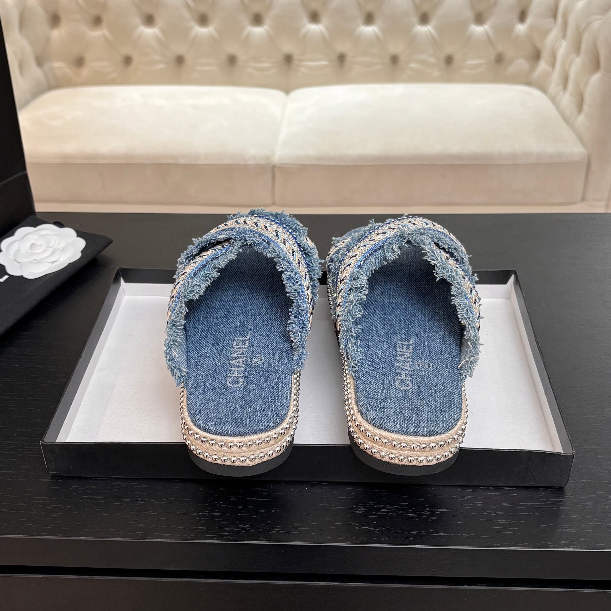 CC 25C Thick-Soled Slipper In Black Denim Steel Blue Fabric 213232