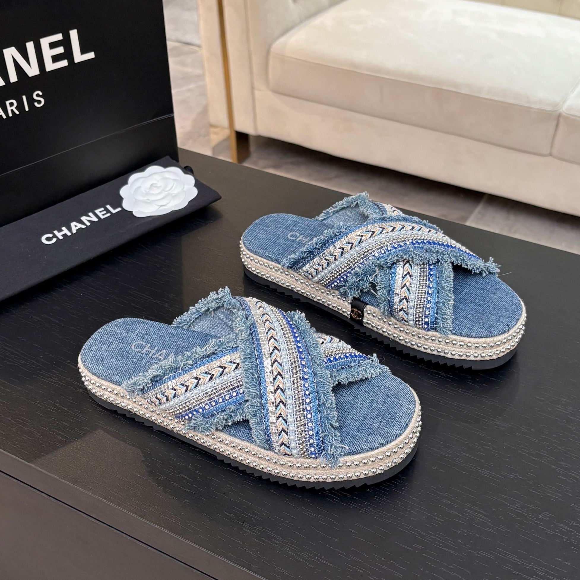 CC 25C Thick-Soled Slipper In Black Denim Steel Blue Fabric 213232