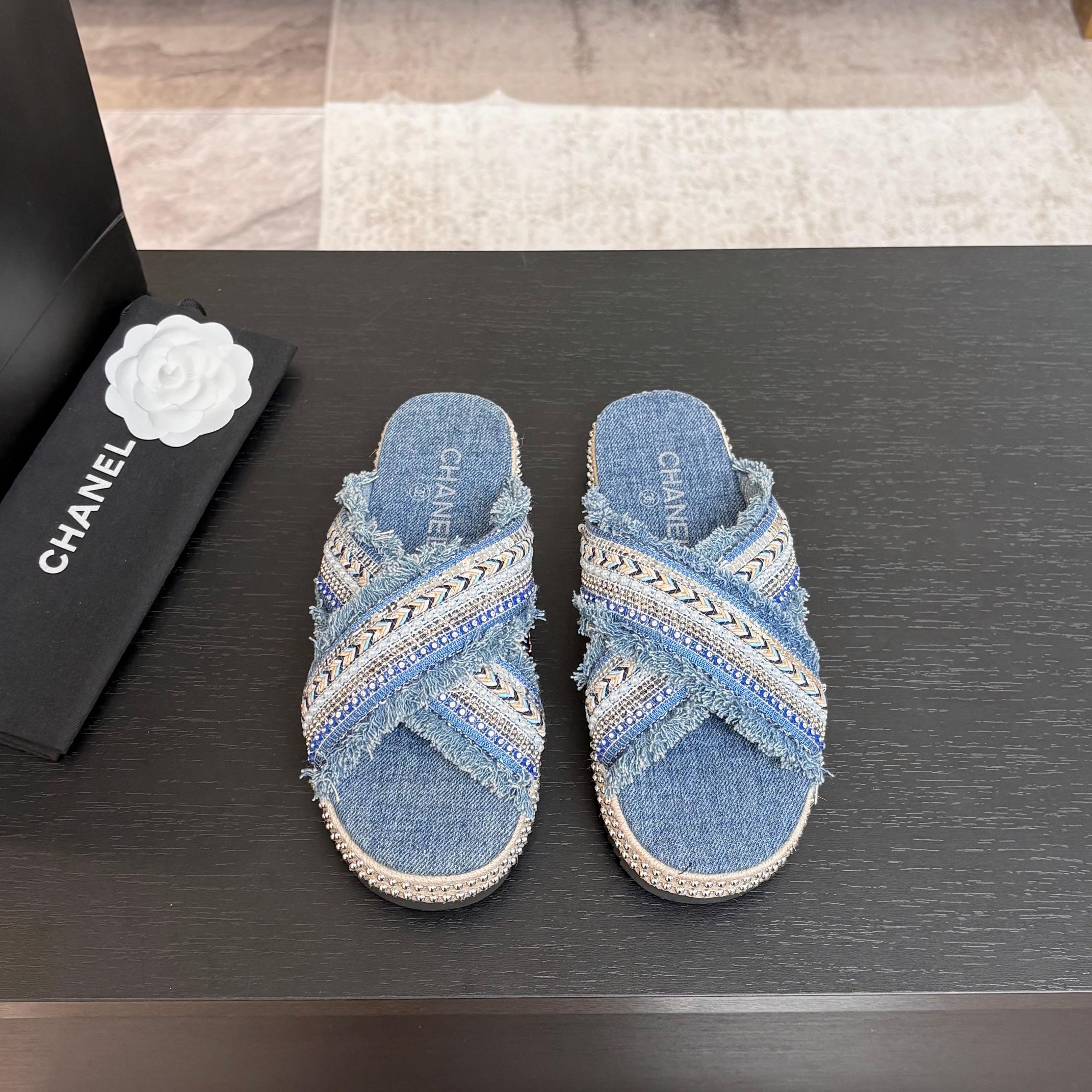 CC 25C Thick-Soled Slipper In Black Denim Steel Blue Fabric 213232