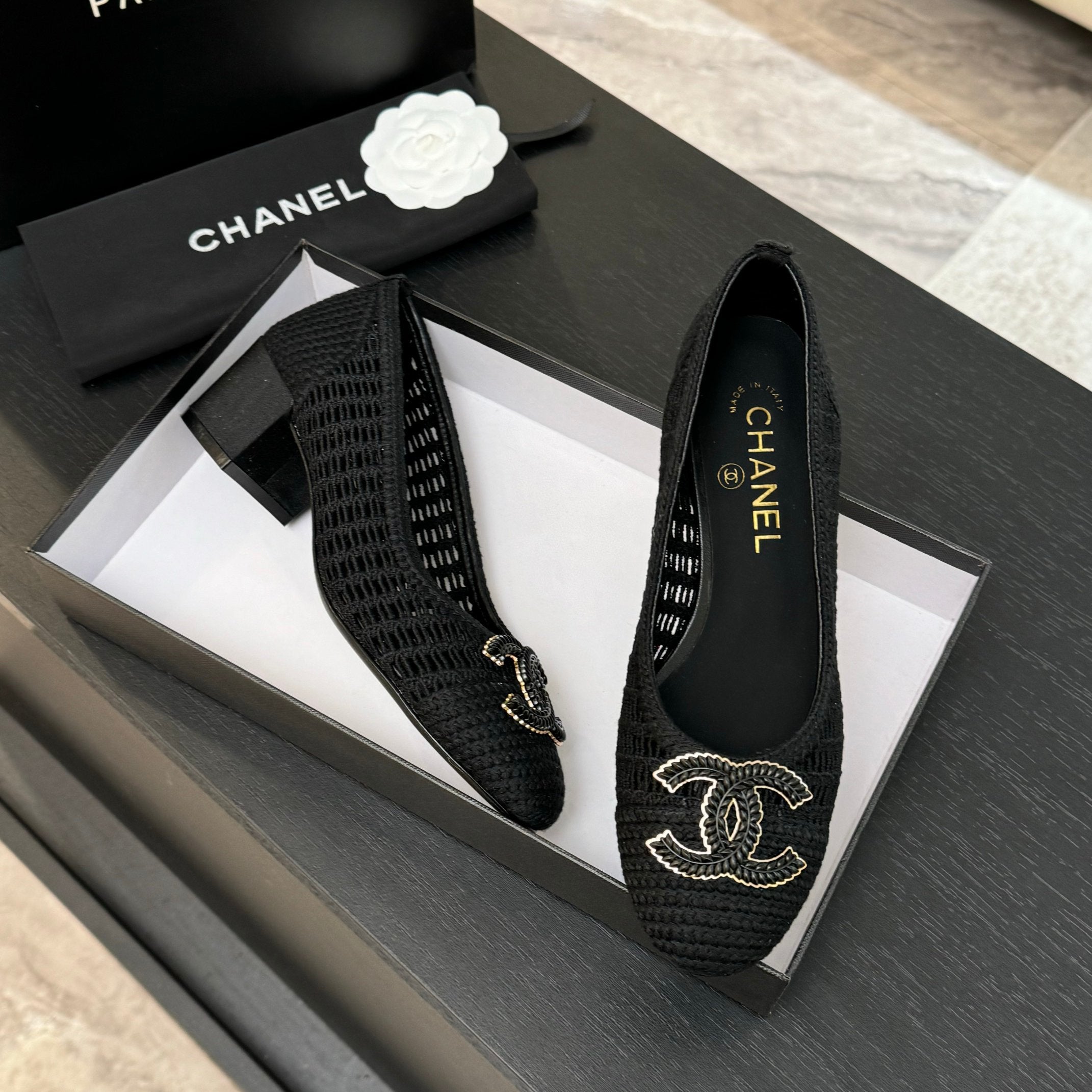 CC 25P Ballet Heel 50mm Black Raffia Large Logo