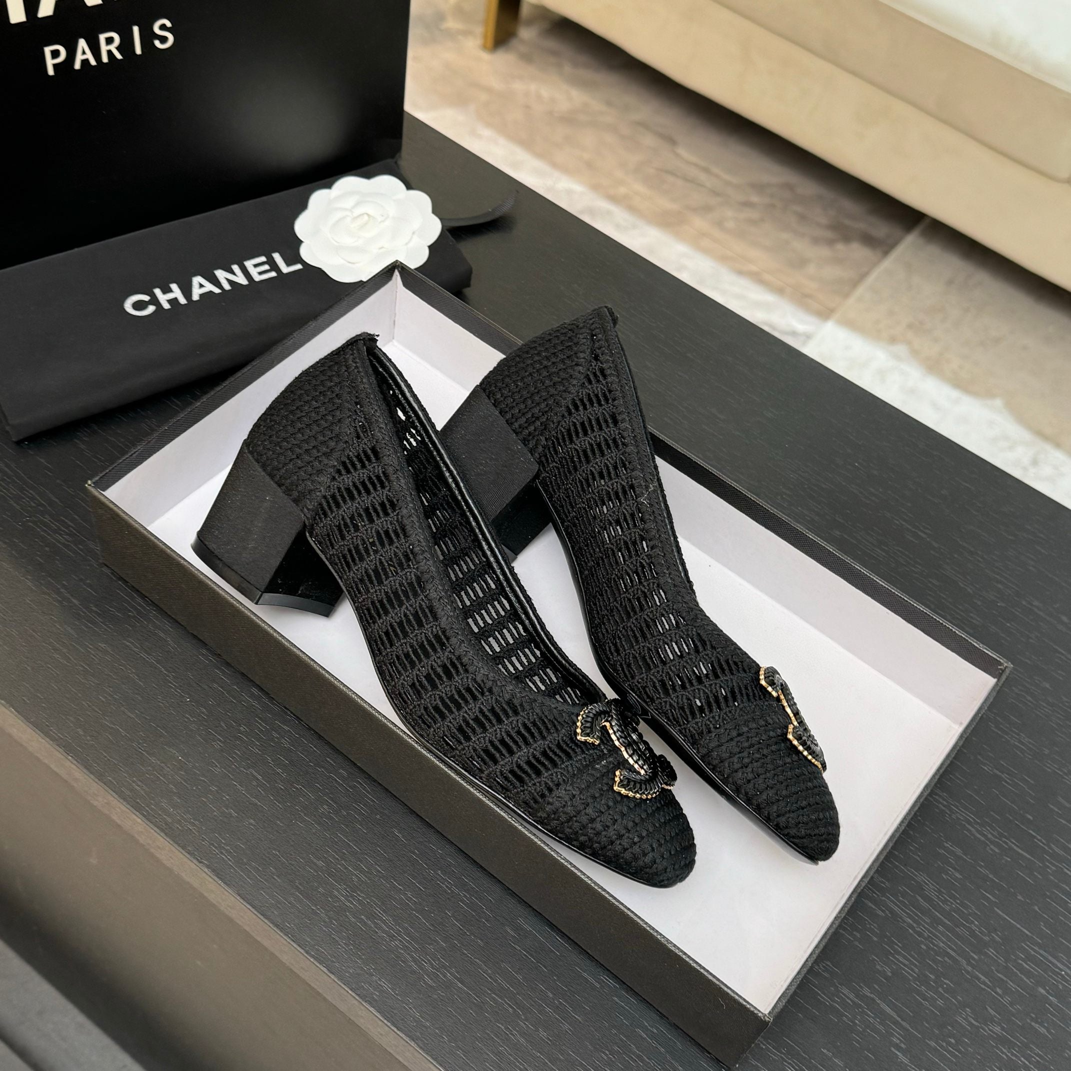 CC 25P Ballet Heel 50mm Black Raffia Large Logo